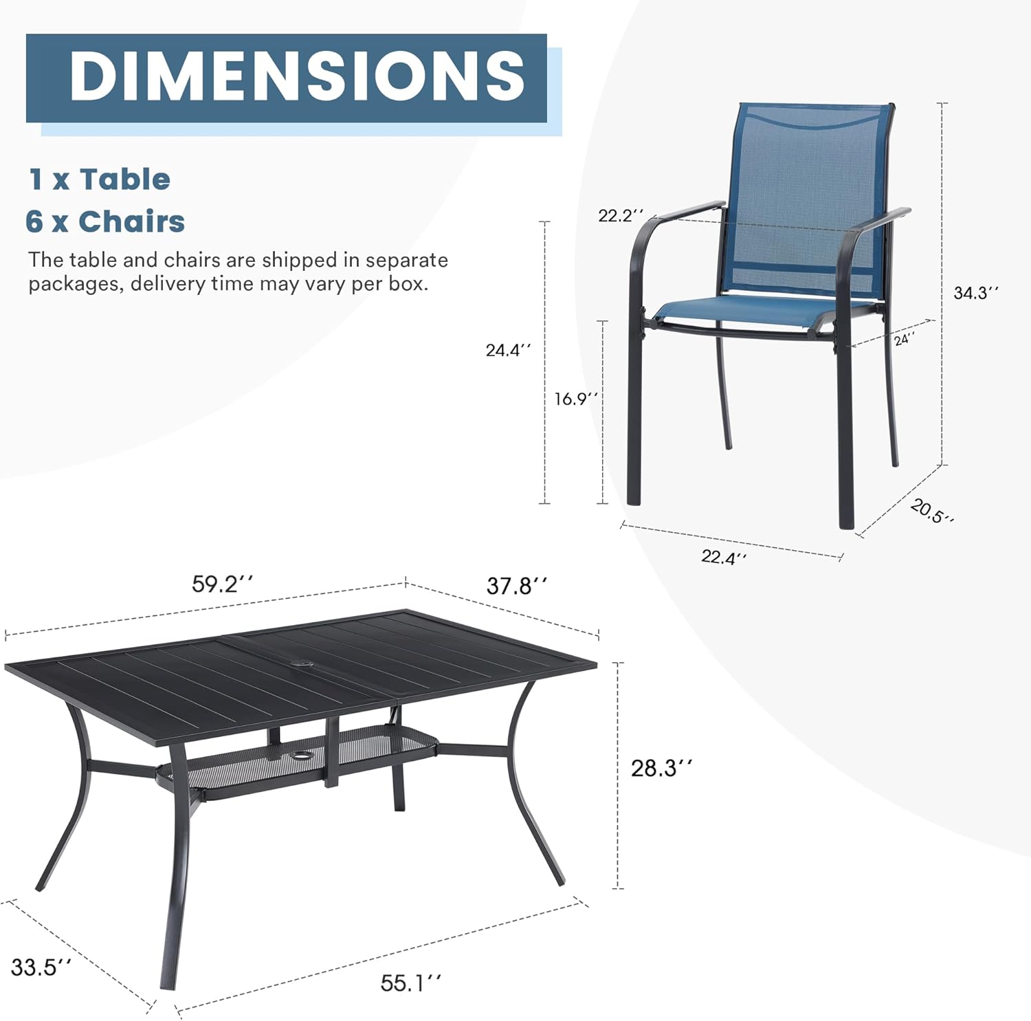 DIFY 7 Pieces Patio Dining Set for 6, Patio Furniture Includes Blue Stackable Sling Outdoor Chairs and 59.2" Rectangle Metal Black Table