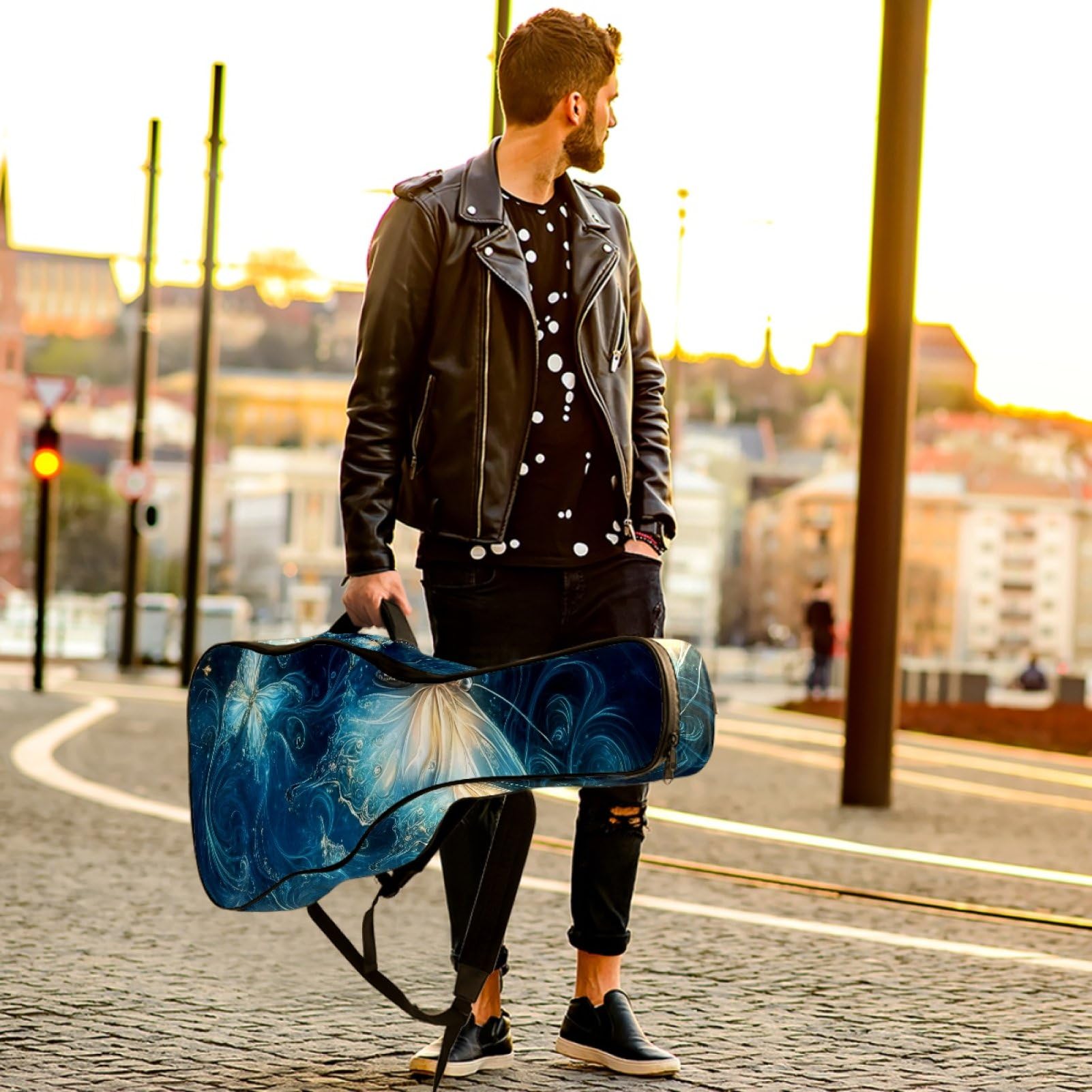 43 Zoll Akustikgitarre Softcase mit Rucksackgurt und 2 Taschen Blau Schmetterlinge Keine Polsterung Rucksack Wasserdicht Oxford Tuch Bassgitarre Gigbag für Konzertgitarre, mehrfarbig,