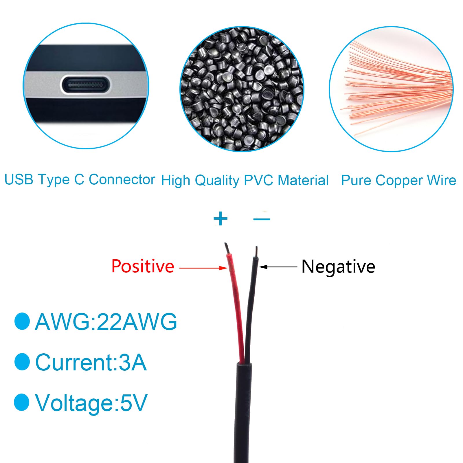 3 connettori da 0,3 m, 22 AWG, 90 gradi USB-C a 2 pin, connettore a estremità aperta, 5 V 3 A, cavo USB tipo C ad angolo sinistro e destro, prolunga di ricambio fai da te
