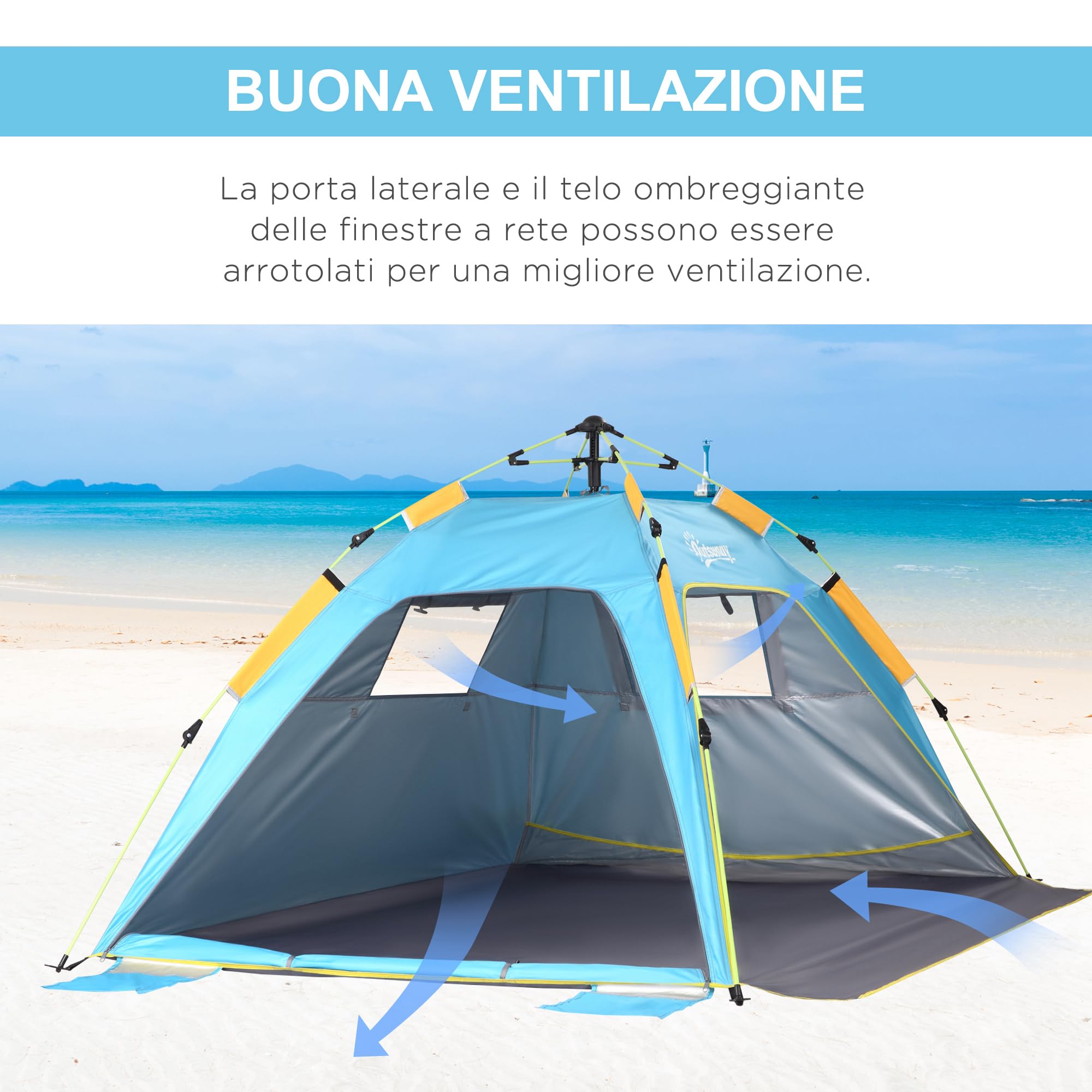 Outsunny Tenda da Spiaggia con Finestre Richiudibili e Porta a Cerniera, 220x173x120 cm