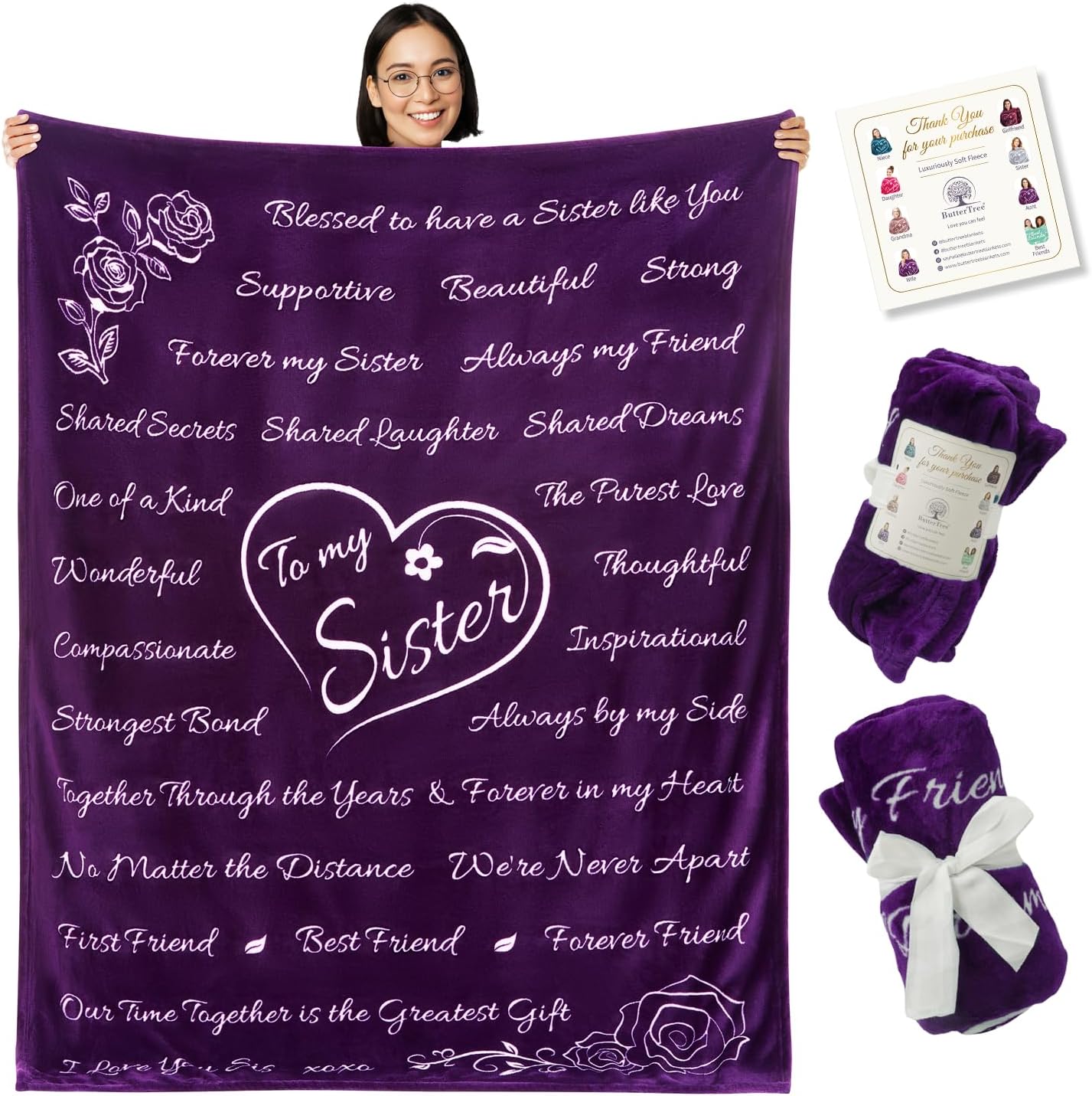Birthday Gifts for Sister -Soft Purple Blanket with Meaningful Words, Sentimental Gift for Sister, Cozy Fleece Throw for Sister’s Birthday or Special Occasions