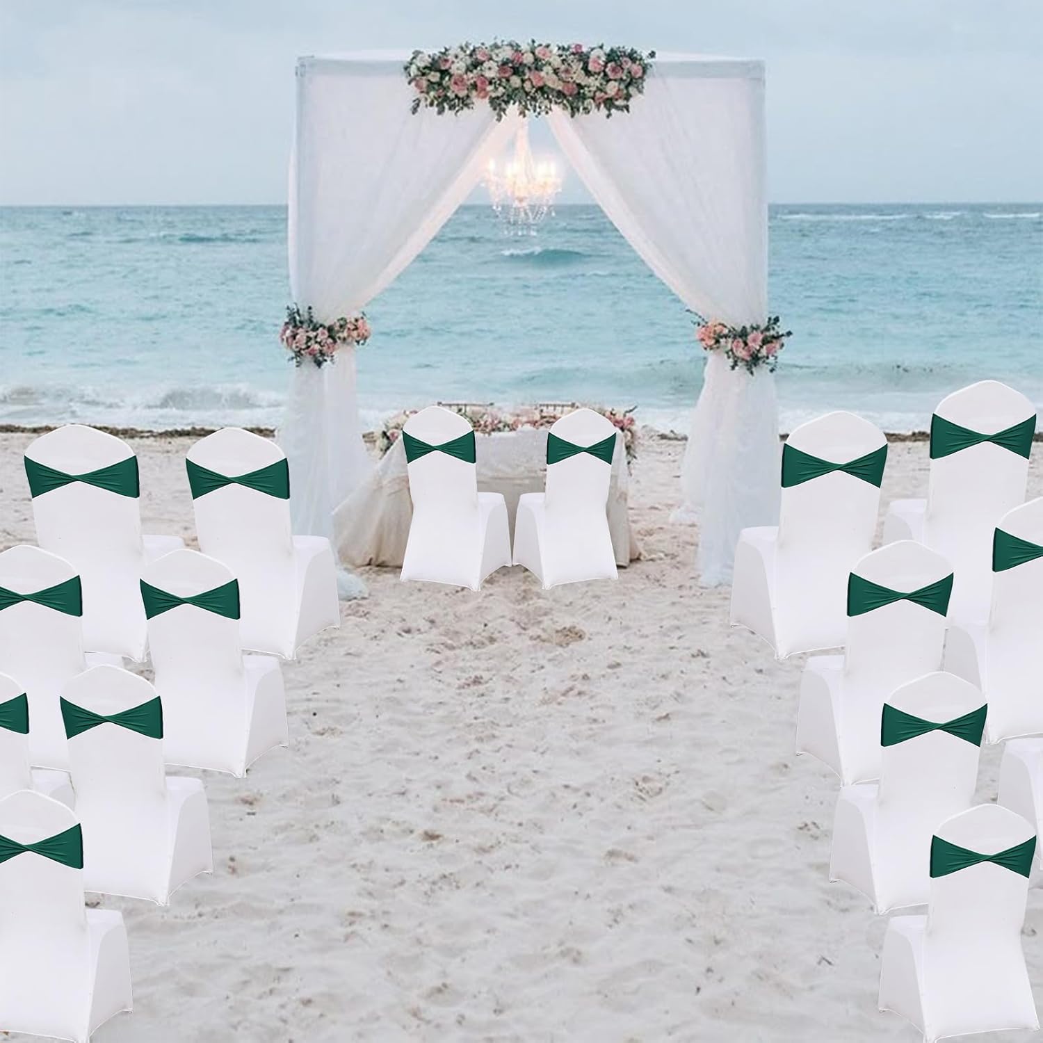 Spandex Emerald Green Chair Sashes 50 Pcs Dark Green Sashes Bows Elastic Chair Cover Bands Ties Without Buckle for Wedding Party Events Ceremony Birthday