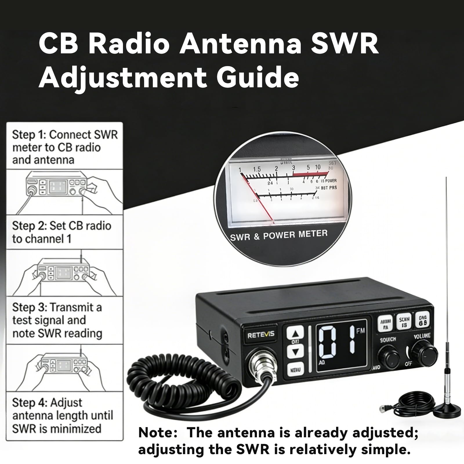 Retevis MB63 CB Radio, CB Radio Kompletny z Anteną, Wyświetlacz LCD, AM/FM, VOX, SQ/ASQ, EMG CH9/19, CB Radio Ręczne do Samochodu (1 Sztuk, Czarny)