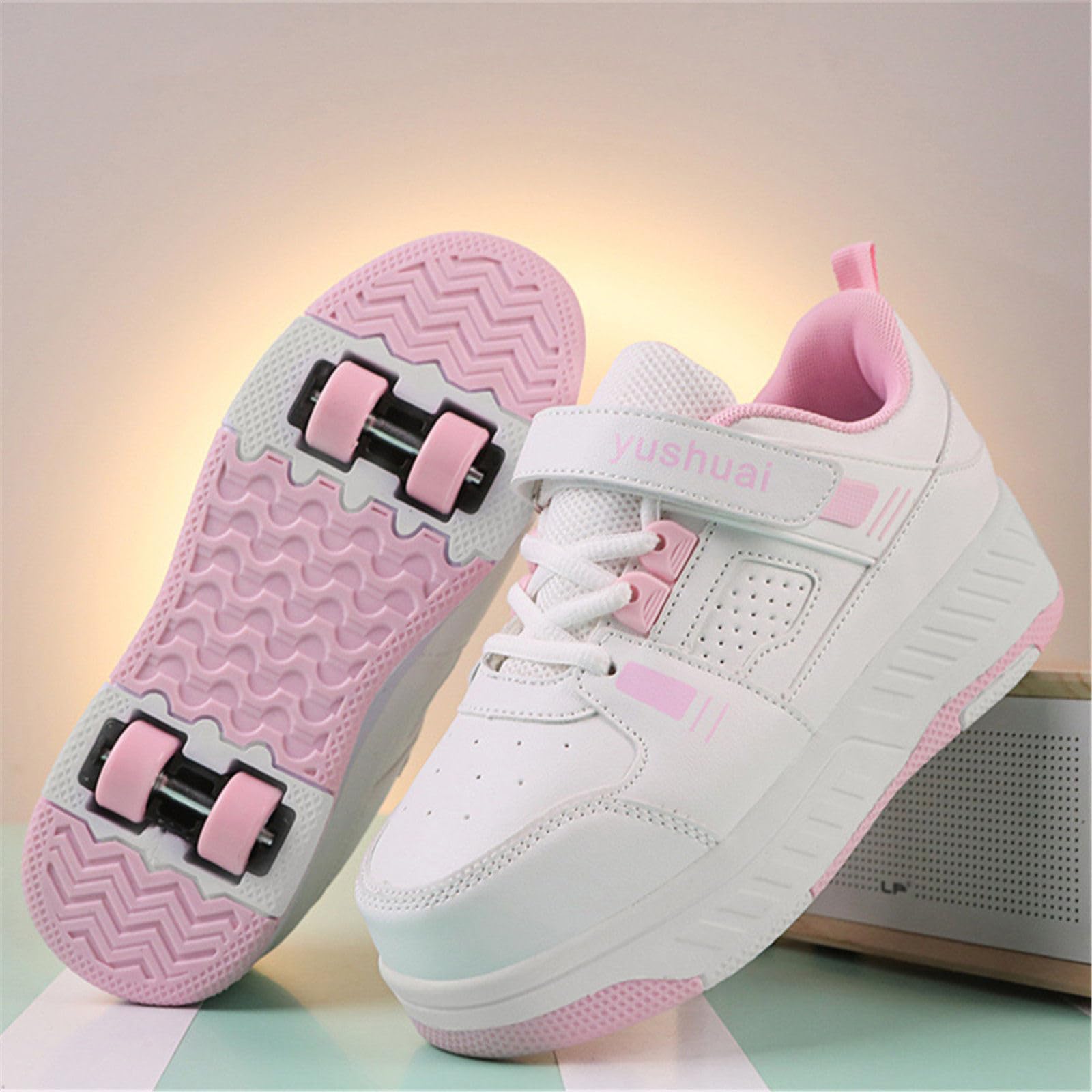 Surwin Chaussures Enfant avec roulettes, Chaussures à roulettes 4 Roues Respirant Boucle en Nylon Chaussures de Skateboard Fille Garçon Basket à roulettes Chaussure Roller