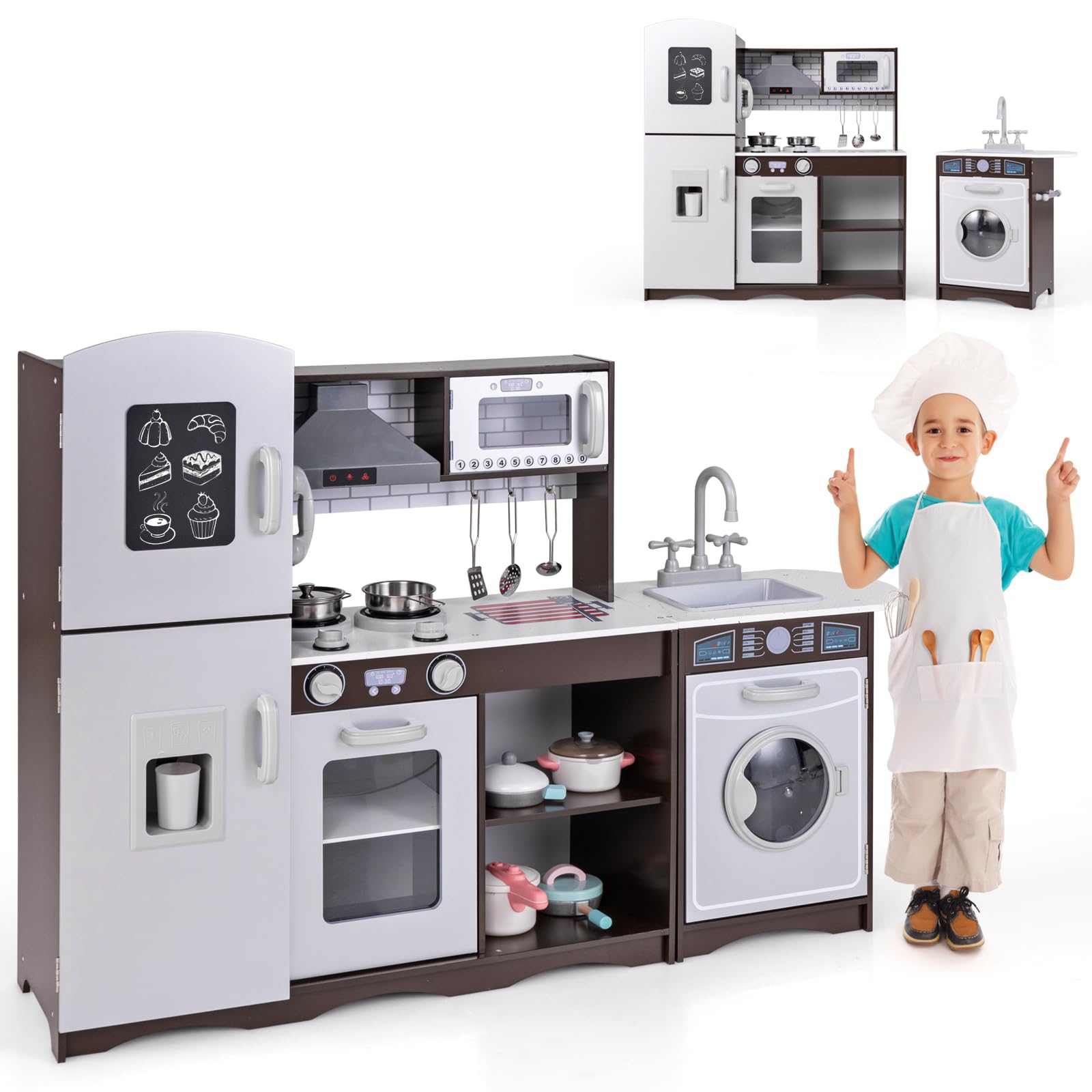 COSTWAY Kinderküche Holz, Eck Spielküche mit Licht & Sound, inkl. 7 Zubehör, Spielzeugküche mit Herd, Spüle, Eismaschine, Mikrowelle, Waschmaschine, Dunstabzugshaube, Telefon, für Kinder ab 3 Jahren