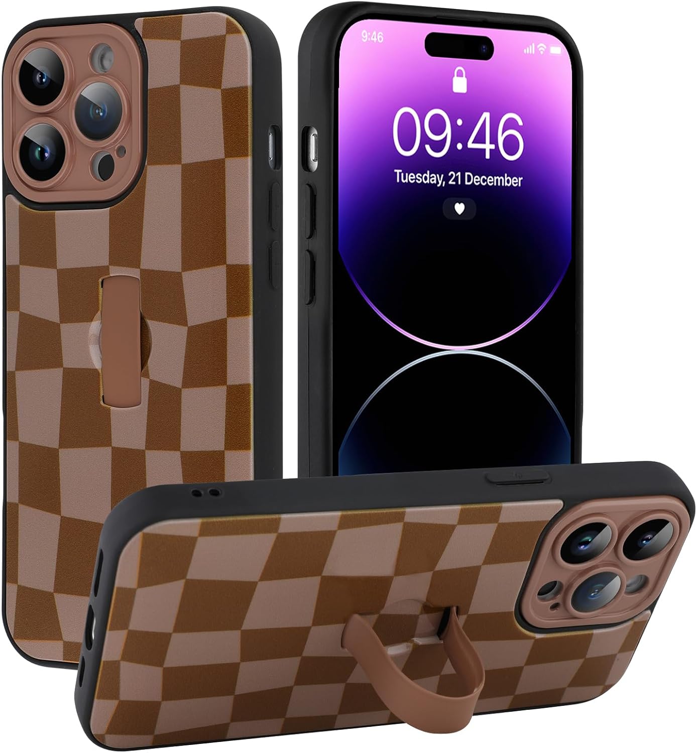 SOKAD for iPhone 14 Pro Case with Finger Strap Kickstand, Cute Checkered Checkerboard Phone Case with Finger Hand for Women Men, Slim Full Camera Protection Shockproof Case Cover, Brown