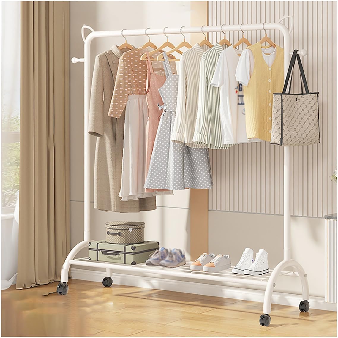 MYUYEE Clothes Rack On Wheels Metal Coat Rack Freestanding For Home Bedroom With 2 Hooks And Open Shelves, Easy To Assemble(120Cm White-White)