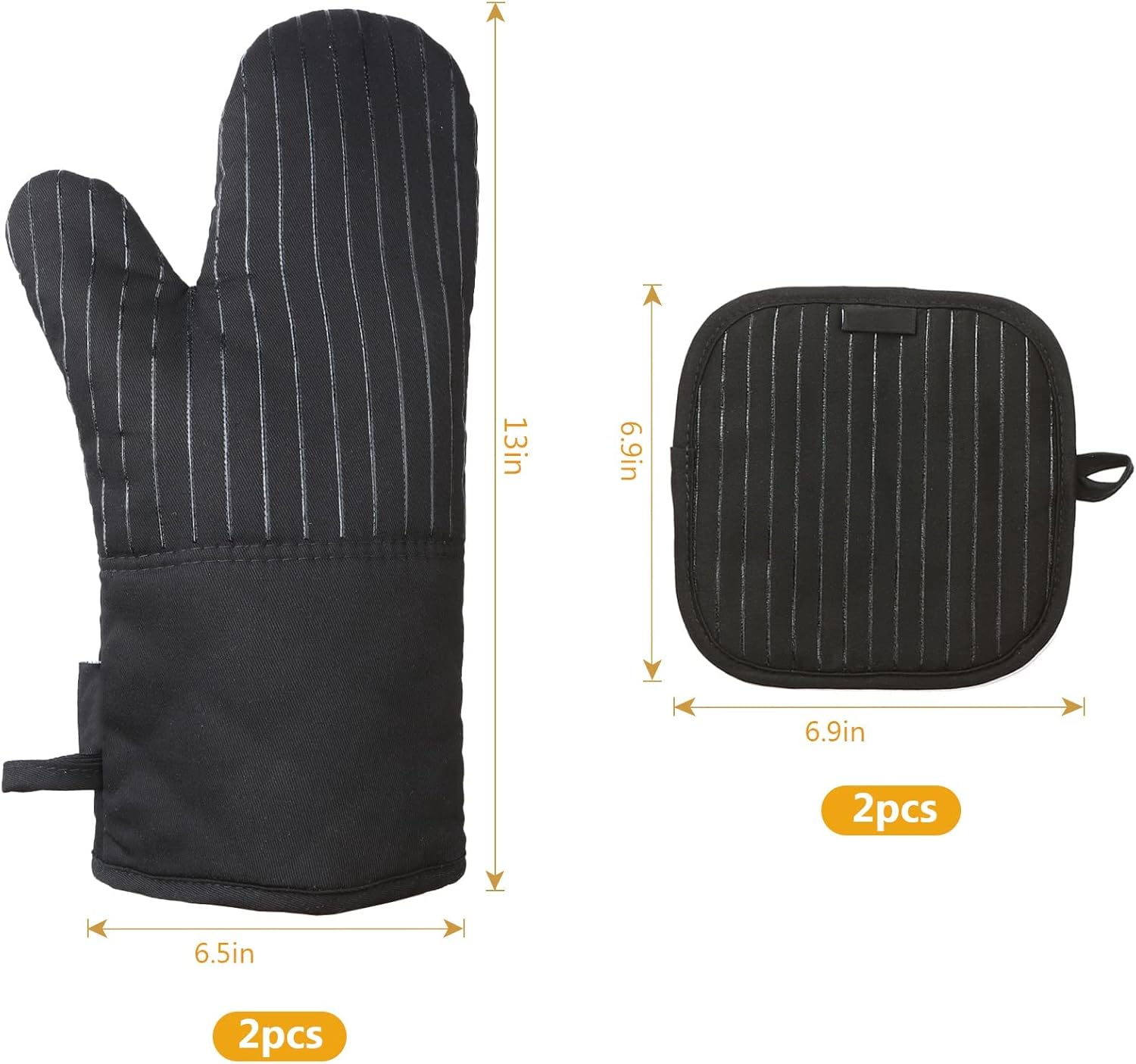 Dimensions of the AORESAC Oven Mitts (13 inches long, 6.5 inches wide) and Pot Holders (6.9 inches by 6.9 inches).