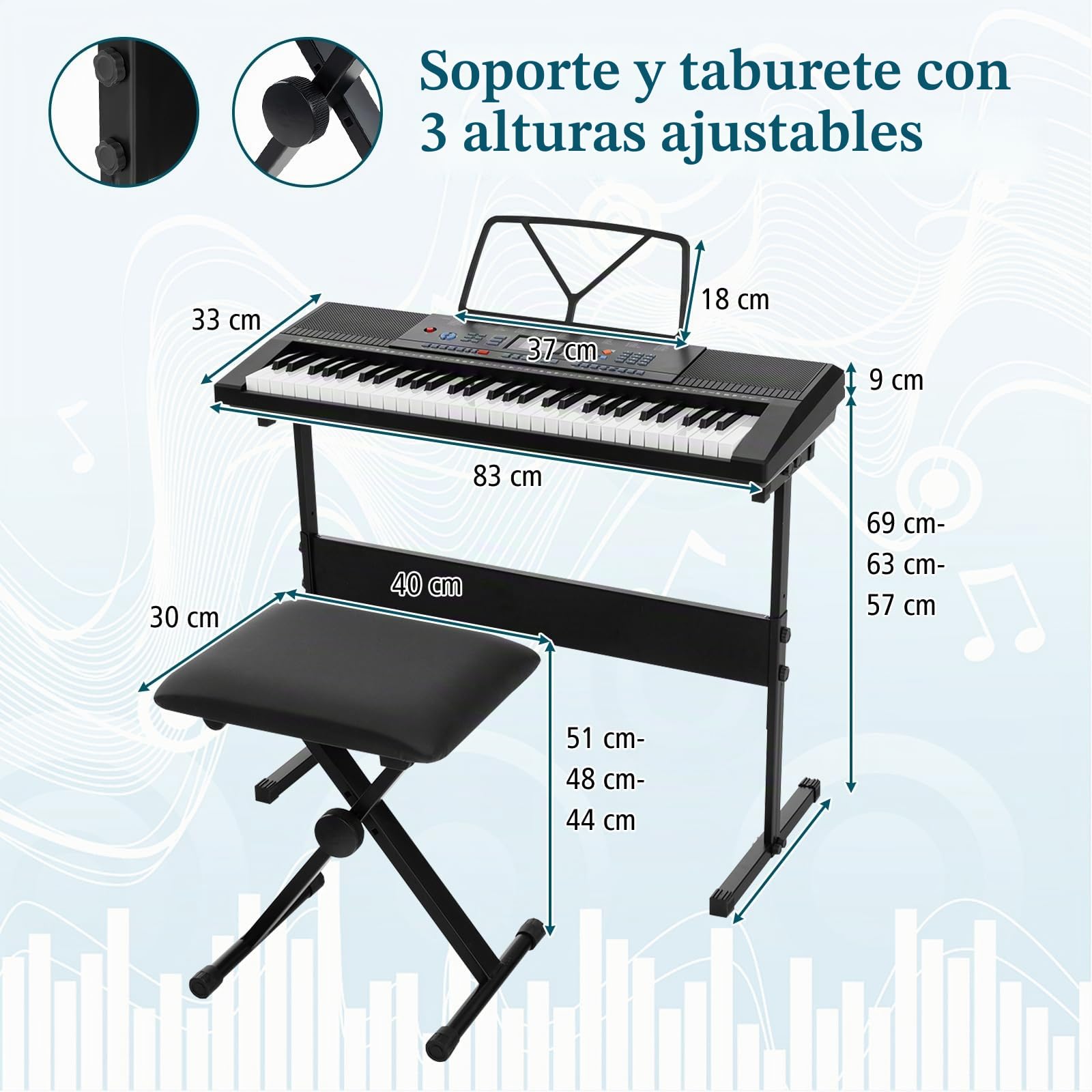 KOMFOTTEU Teclado Electrónico de 61 Teclas, Piano Digital con Soporte y Banco, Piano Electrónico con Micrófono, 300 Timbres y Ritmos, 50 Canciones de Demostración, Auriculares y Atril