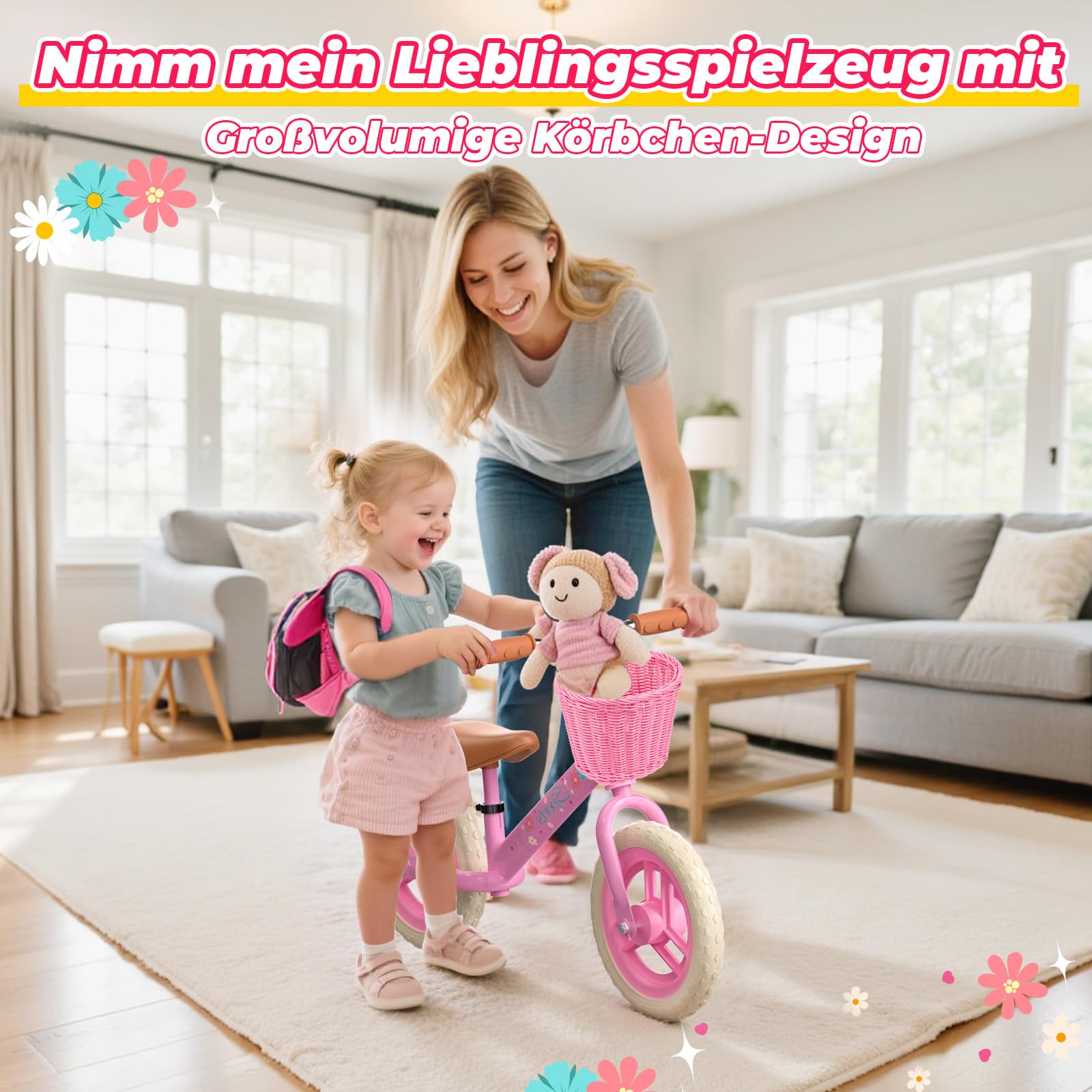 HappyGoLucky Laufrad Ab 2-5 Jahre, Kinder Lauflernrad – Leuchträder/Höhenverstellbar/Geflochtener Korb, Spielzeug Geschenk 2-5 Jahre Mädchen Outdoor Kinderspielzeug