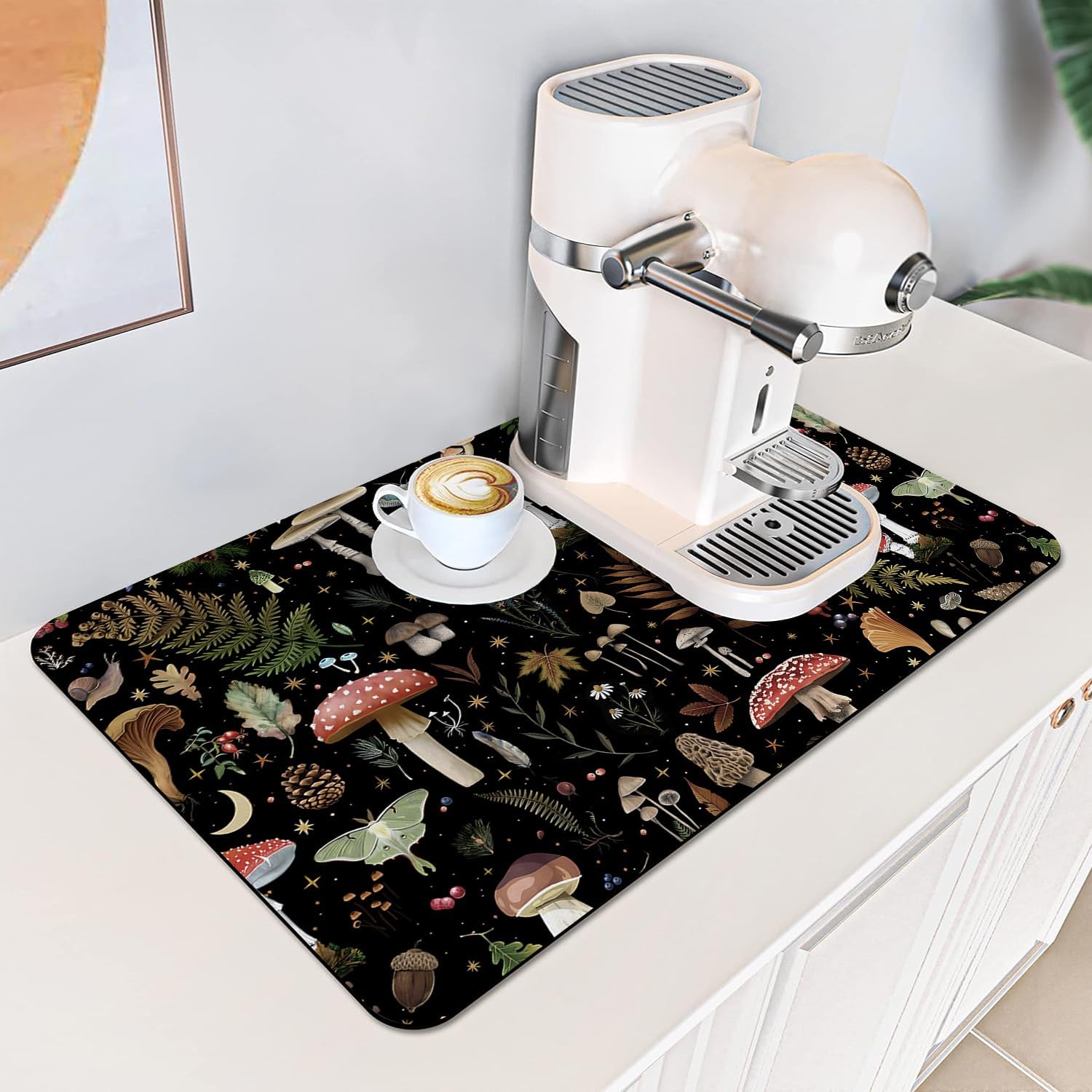 Mushroom Fern Leaves Berry Coffee Mat Dish Drying Mats, 20x12in