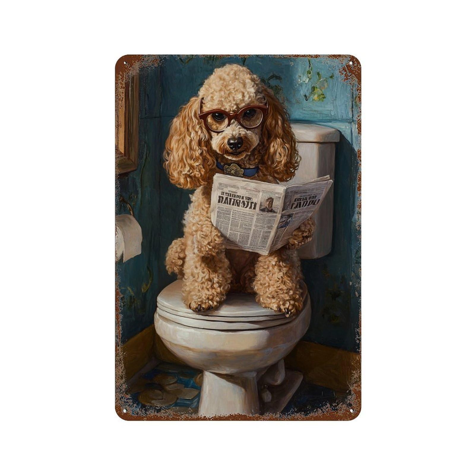 Garage Style Poodle Reading Newspaper on Toilet-5 Vintage Rust Metal Sign 11.8"x7.9", Vintage Wall Decor for Bar And Workshop