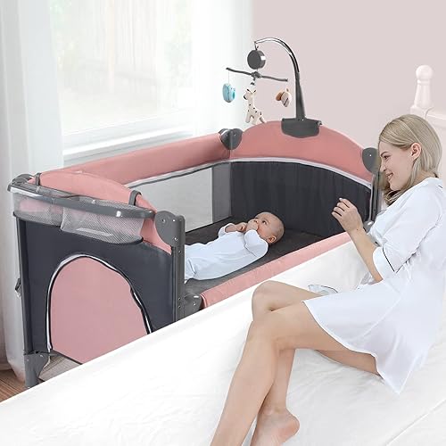 Jaoul Cuna 5 en 1, moisés junto a la cama, empacar y jugar con moisés y cambiador, corralito portátil de viaje con juguetes y caja de música,