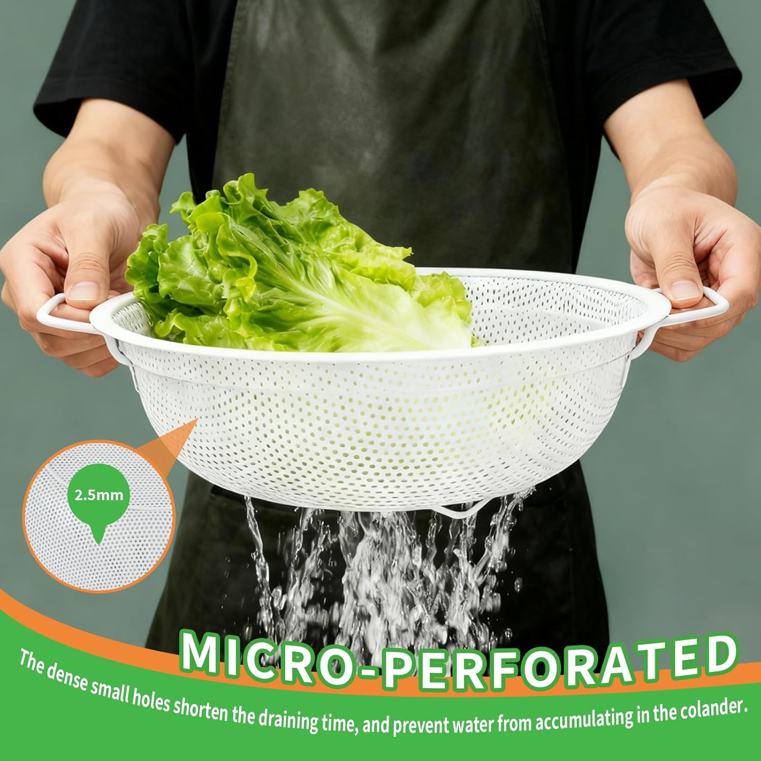 Colander Set with White Coating, Stainless Steel Micro-Perforated Colanders Strainers for Draining Rinsing Washing, Ideal for Pasta Vegetables Fruits, Heavy Duty & Dishwasher Safe -