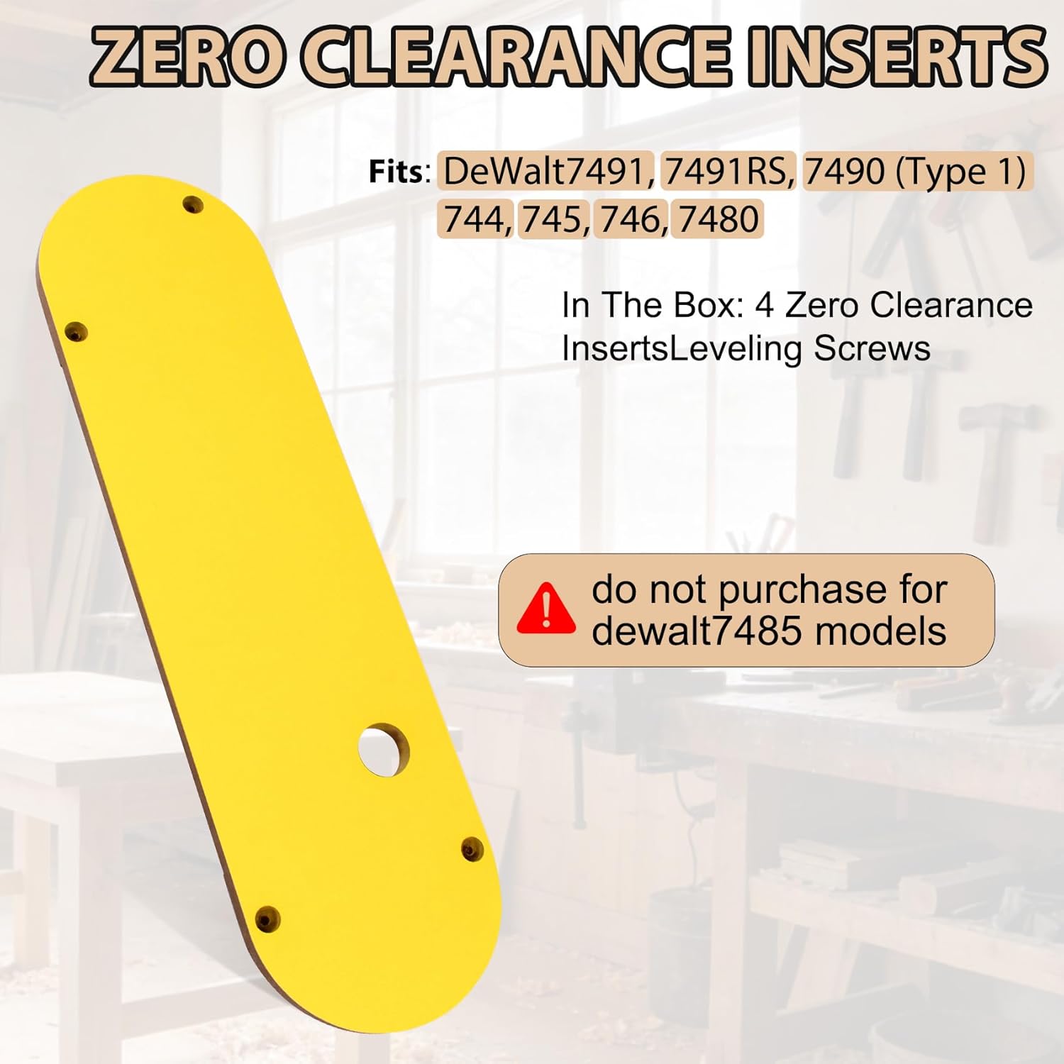 Zero Clearance Inserts for DeWalt Table Saw 7491, 7491RS, 745, 7480, 7490 (Type 1), 744, 746 - Includes Leveling Screws for Precise Cuts, 2-Pack