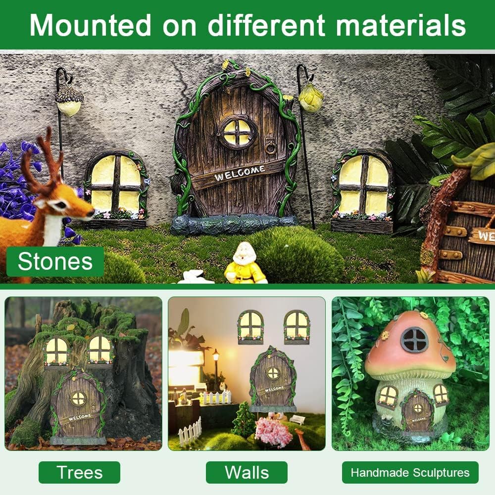 REFORUNG Puertas y Ventanas en Miniatura Puertas de Hadas para Árboles de Jardín Brilla en La Oscuridad Puerta de Gnomo para Jardin con Luz de Calle Decoraciones para Jardines/Árboles/Interior
