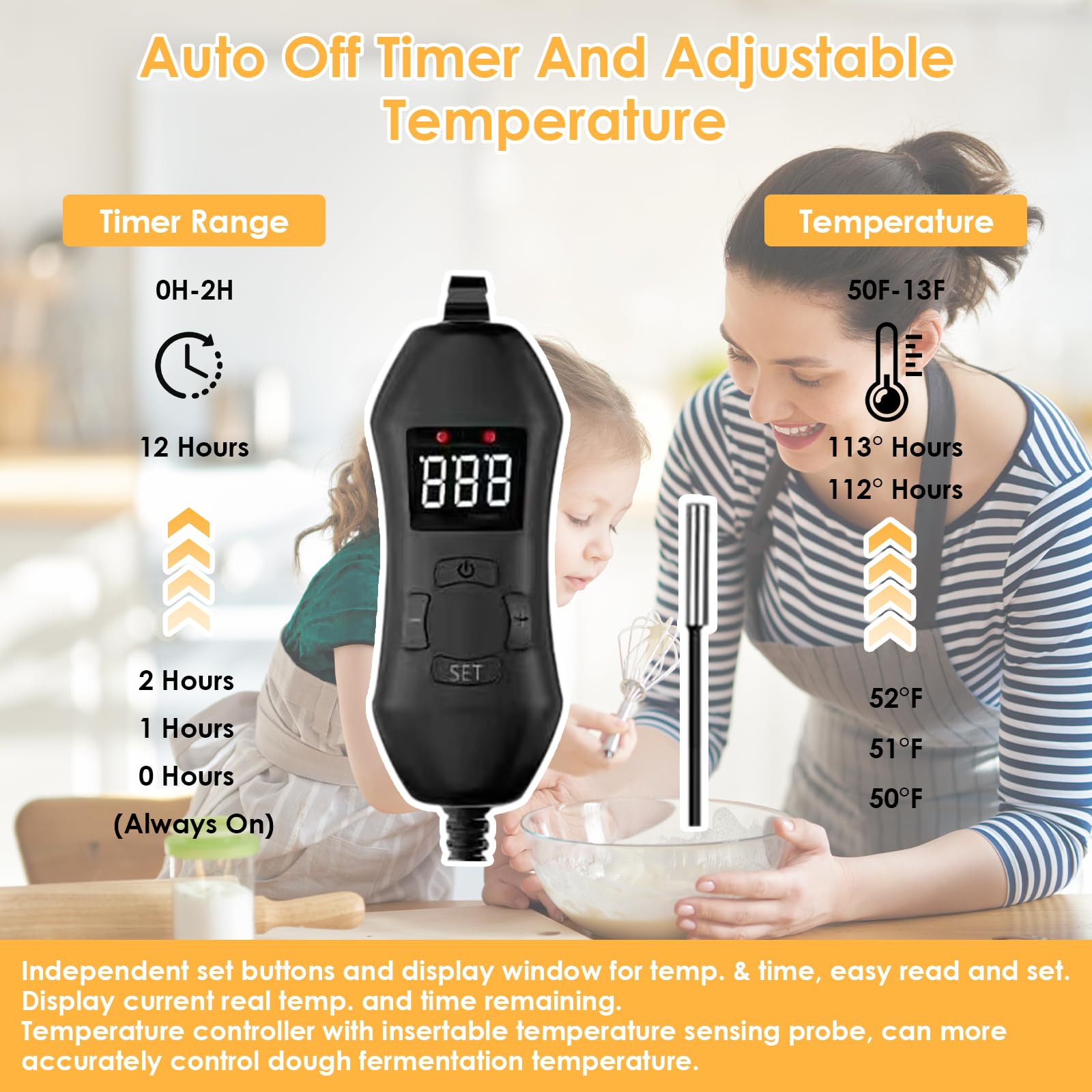 Boîte de fermentation à pain, boîte à pain électrique polyvalente avec capteur de température NTC insérable de 50~113 °F, affichage numérique, minuterie de 0 à 12 heures pour yaourtières au levain