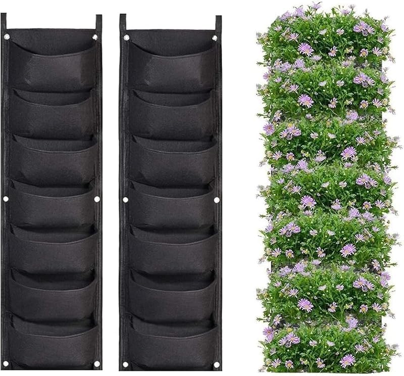 Hanging Planter Bags, 2 Pack 7 Pocket Hanging Vertical Wall Planter Planting Grow Bags Outdoor Indoor Gardening Vertical Greening Flower Container (Black)