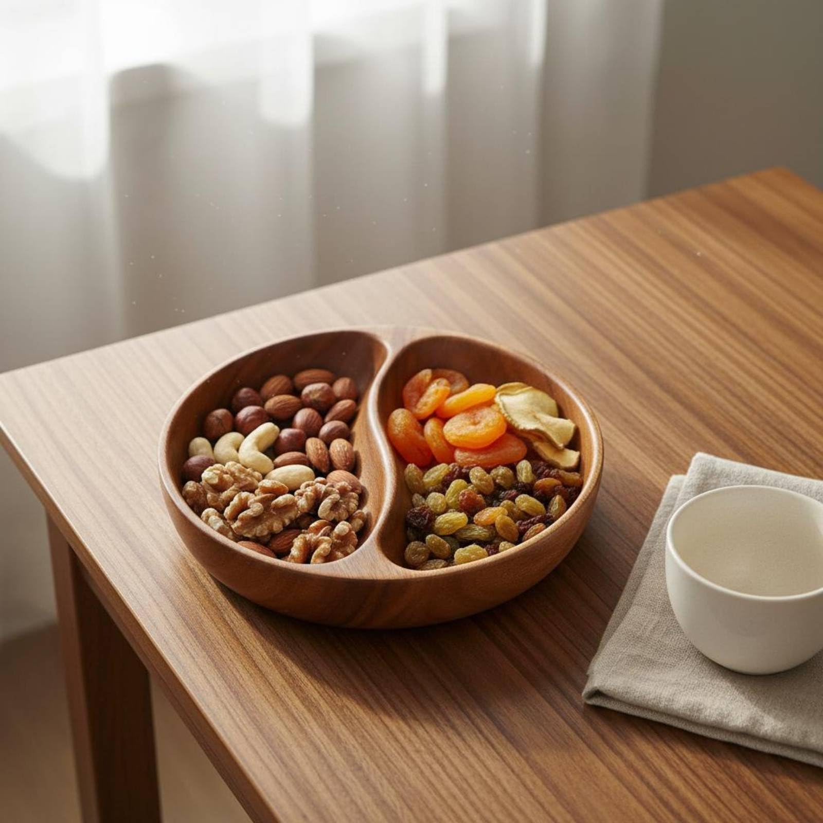 Fünfgeteilte Servierschale Holz Servierform Snackform Obstform Tapasplatte aus Akazienholz mit Glatter Oberfläche Und Ordentlicher Präsentation für Brunch Abendrunde, Fünf-Fächer-Platte