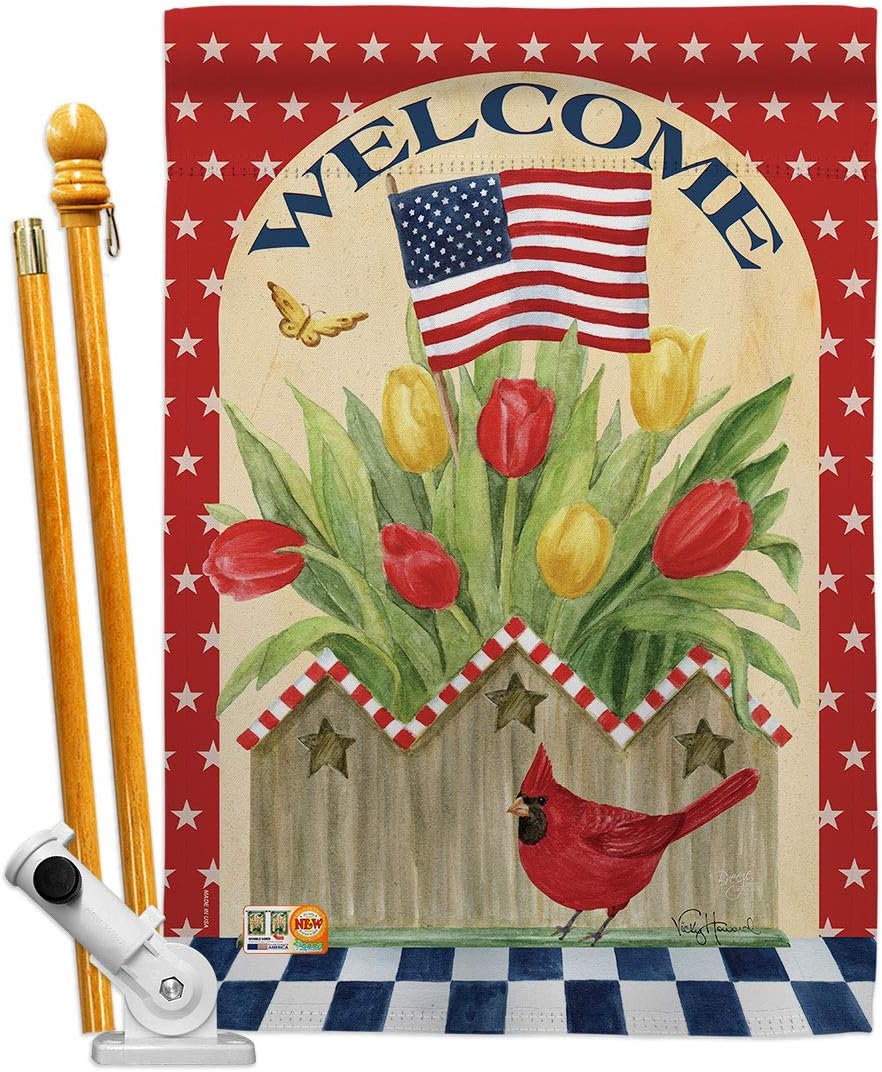 Patriotic Flowers House Flag Dowel Set Americana Star and Stripes Patriotism Independence Memorial United State American Small Decorative Gift Yard Banner Made In USA 28 X 40