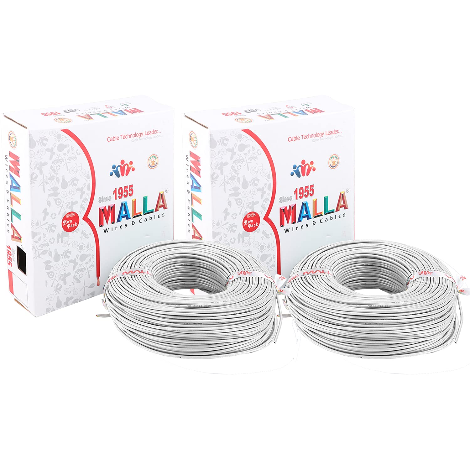 MALLA Copper Wire with Triple Layer PVC Coating, Single Core Flexible Electric Cable for Domestic & Industrial Connections (2.5 mm, 90m Long, White, 2 Pcs)