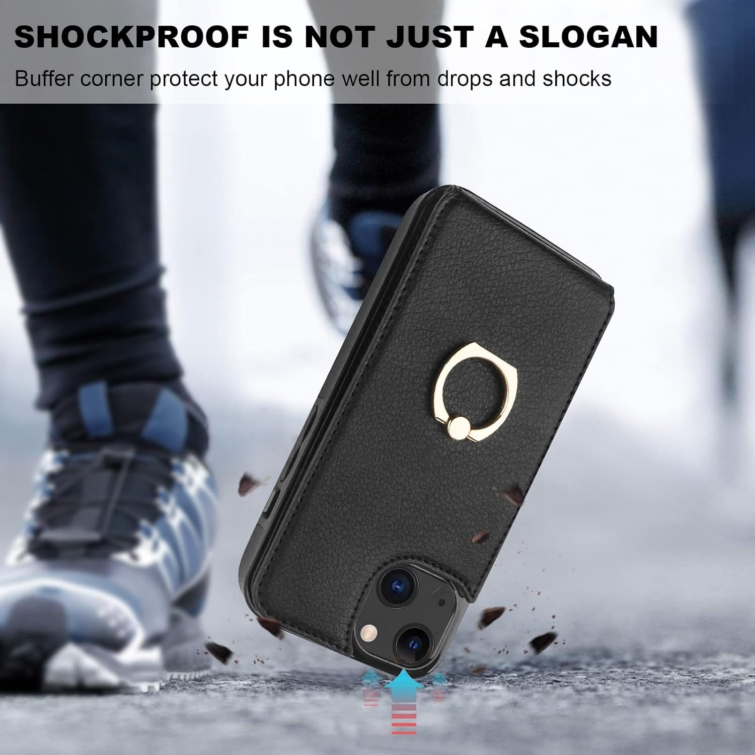 Folosu Compatible with iPhone 13 Case Wallet with Card Holder, 360°Rotation Finger Ring Holder Kickstand Protective RFID Blocking PU Leather Double Buttons Flip Shockproof Cover 6.1 Inch Black