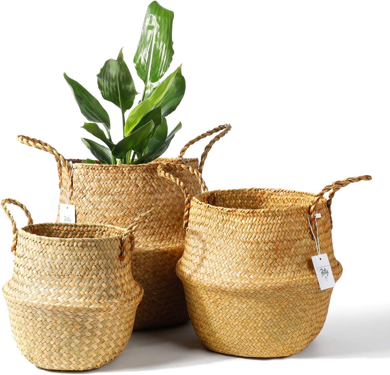 POTEY 730101 Seagrass Plant Basket Set of 3 - Hand Woven Belly Basket with Handles, Large Storage Laundry Picnic Plant Pot Cover Home Decor & Woven Straw Beach Bag (S+M+L, Original Brown)