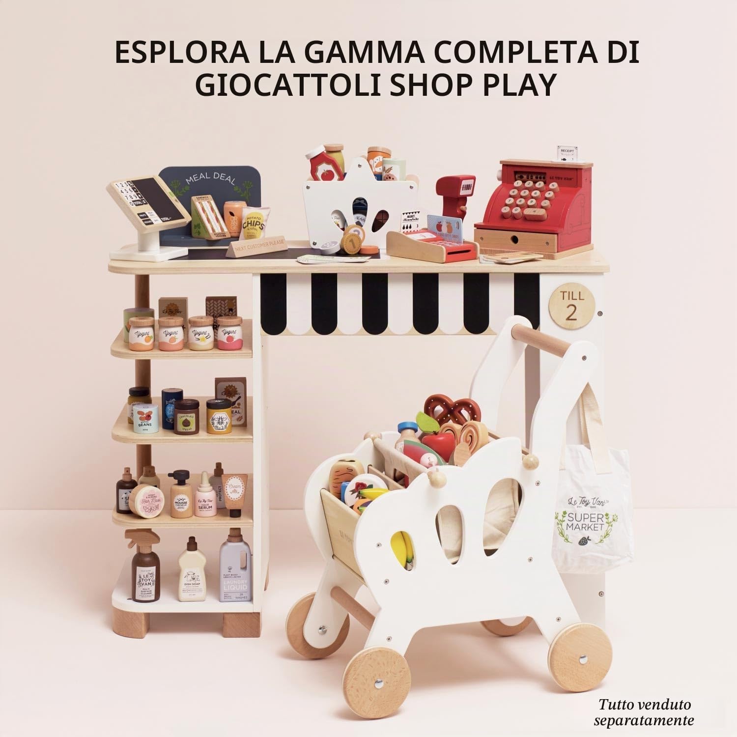 Le Toy Van Gioco educativo per bambini dai 3 anni registratore di cassa in legno con scontrino, monete e banconote, giocattolo ecologico, Montessori, in legno certificato FSC