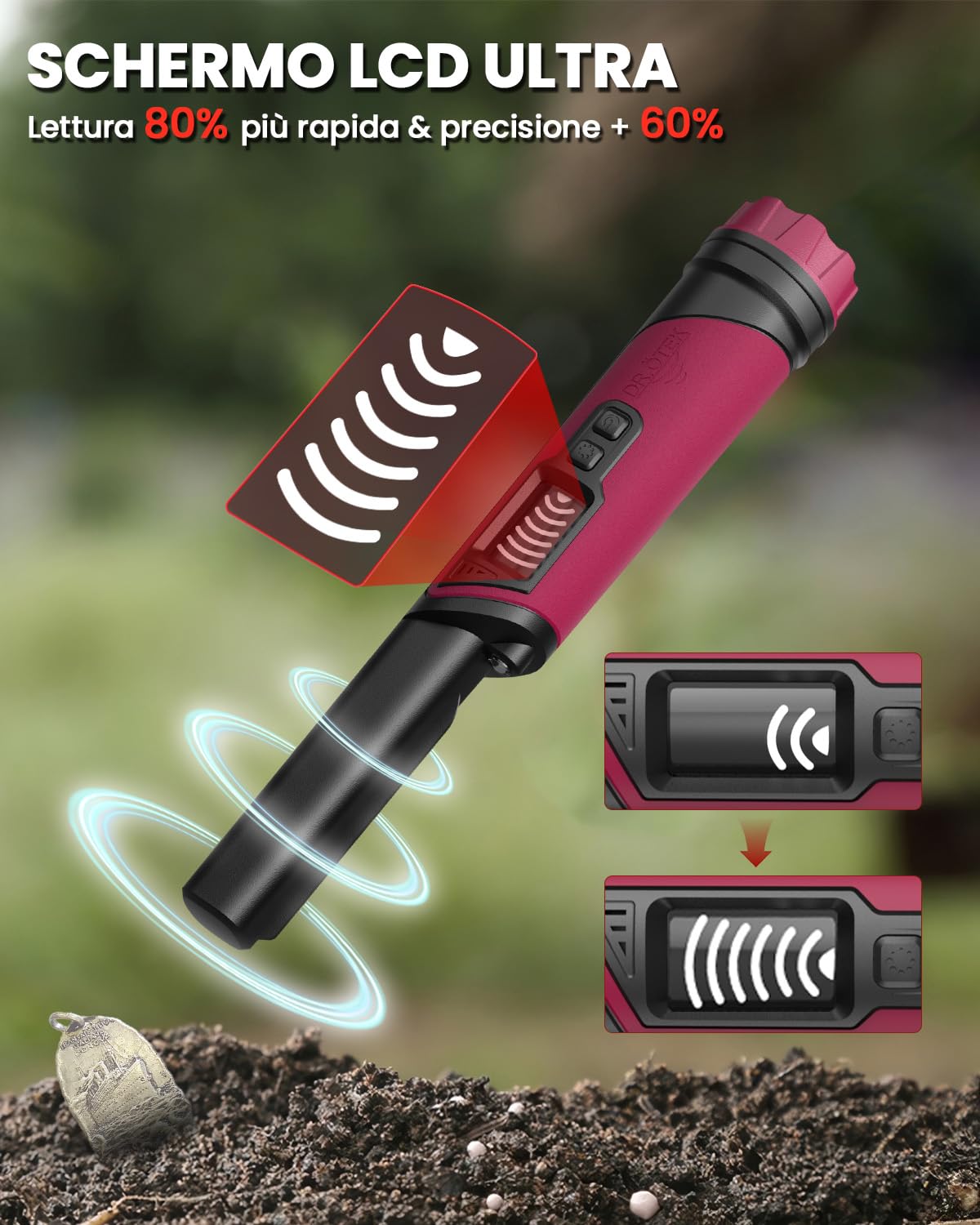DR.ÖTEK Pinpointer Metal Detector, Portatile Pointer Palmare, Impermeabile IP68, LCD Display, Innovativa Funzione di Cancellazione delle Interferenze, Maggiore Sensibilità, 3 Modalità di Allarme