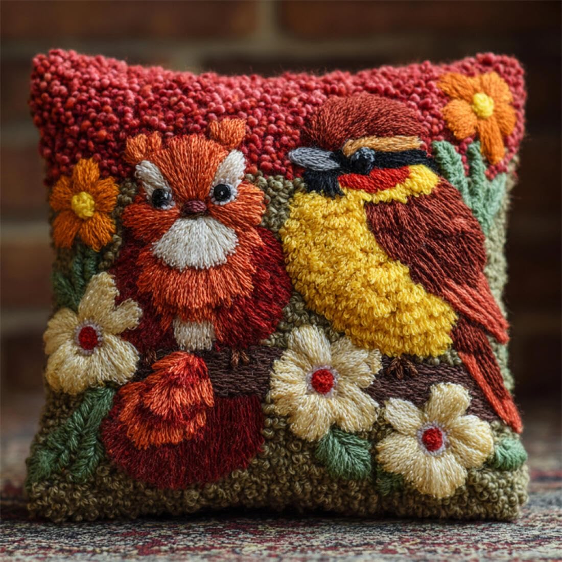 Kitquiver Animal Latch Hook Cushion Set Squirrels and Birds DIY Latch Hook Kits Pillowcase Embroidery,Knitting,Gift for Adults/Beginners 17x17In