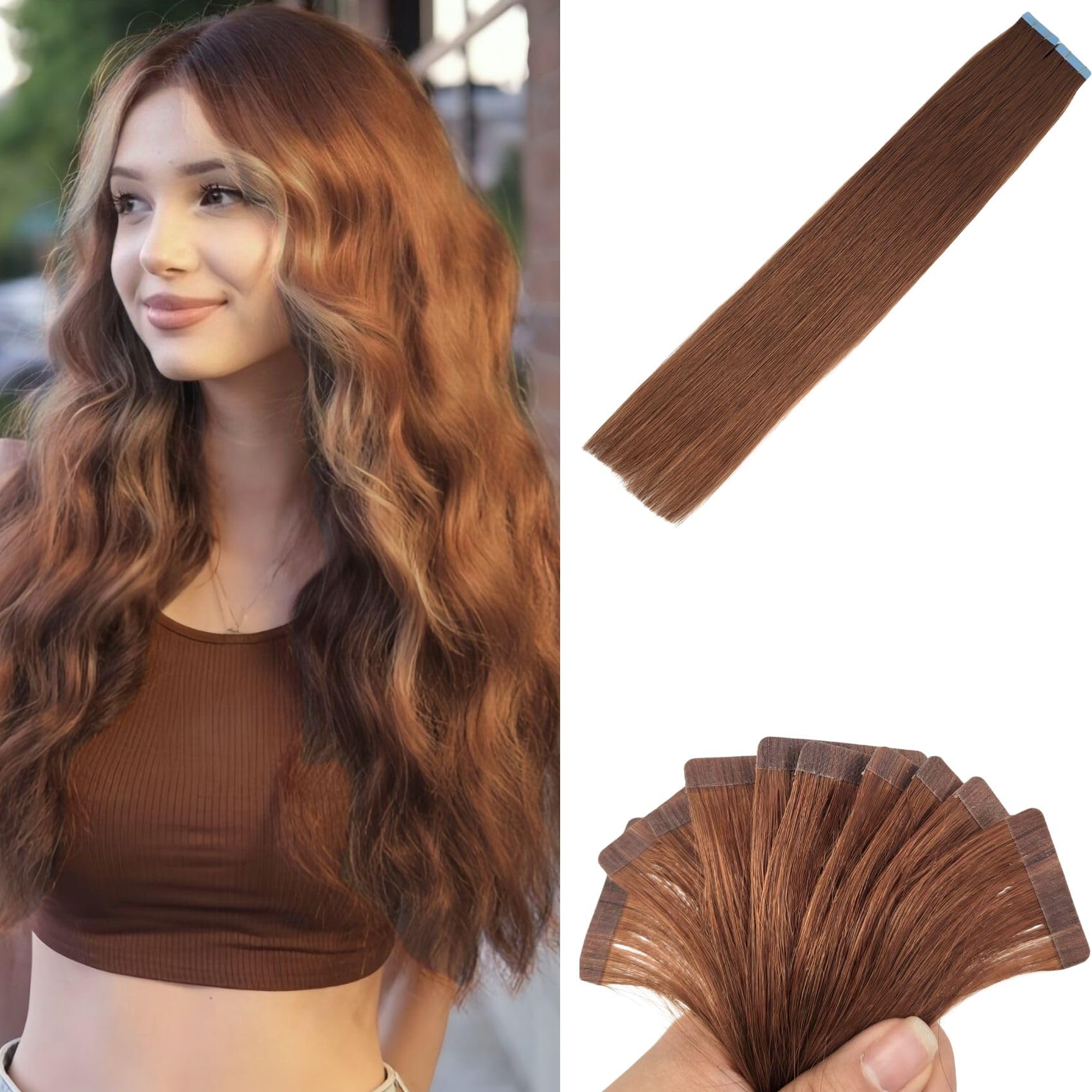 Auburn Tape in Hair Extensions Human Hair Long Invisible Silky Straight Tape in Real Human Hair Extensions for Women