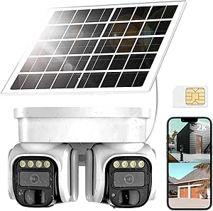 No WiFi Security Camera,4G LTE Cellular Security Camera Outdoor with Dual Lens 360° View, 2K Color Solar Cellular Cam Night Vision,PIR Motion Sensor,2 Way Talk,IP66 Waterproof, Built in SIM,White asin的图片