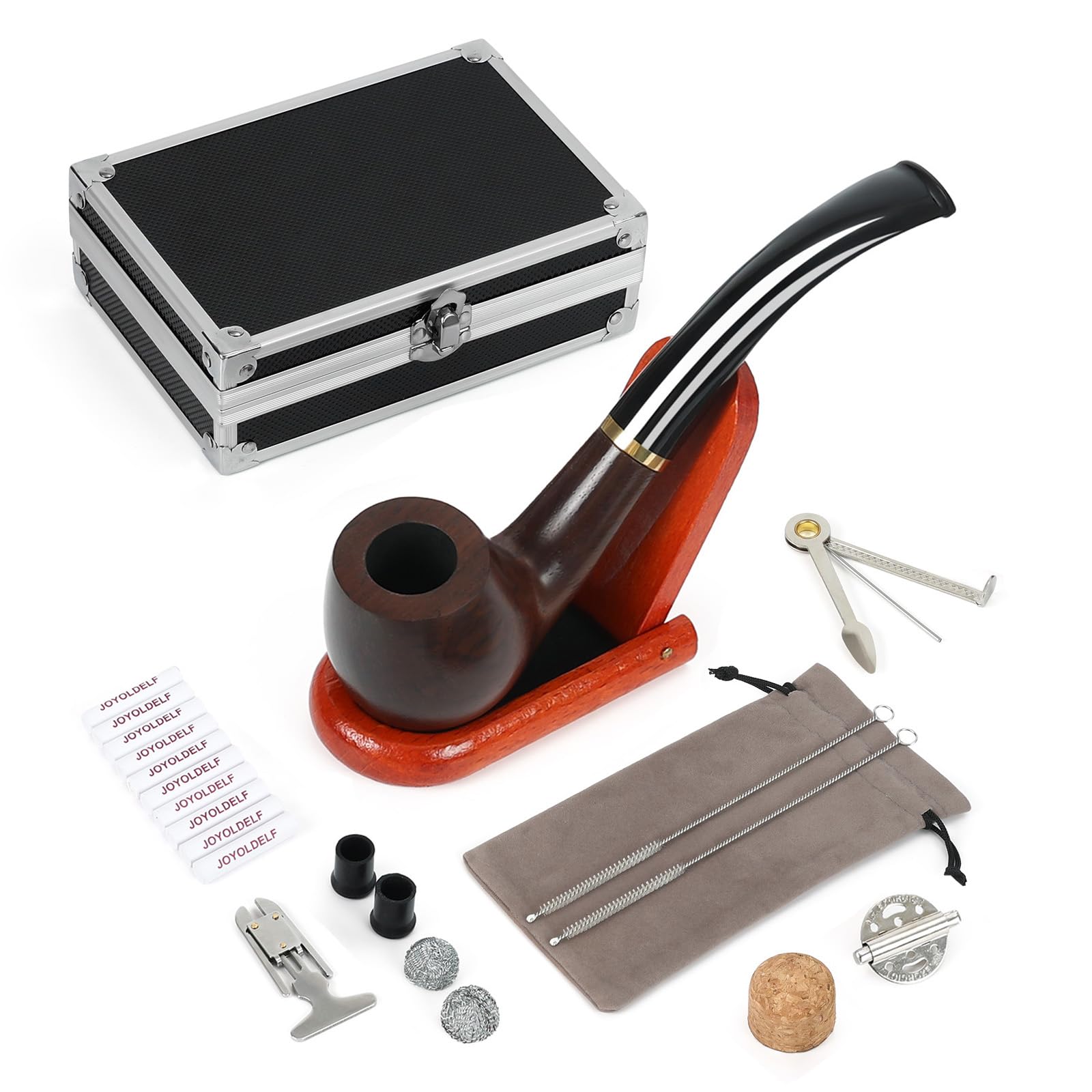 Joyoldelf Smoking Pipe, Wooden Tobacco Pipe with Elegant Gift Case Packaging, Handmade Pipe Tobacco with Wind Cap Cover, Cleaning Brush, 9mm Pipe Filter, Tobacco Pipe Stand and Smoking Accessories