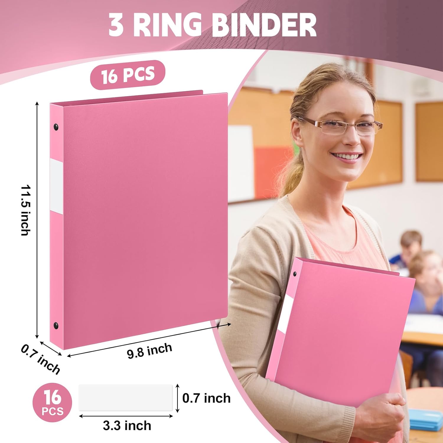 Henoyso 16 Pack 0.5 Inch Plastic 3 Ring Binder Round Ring, Bulk 1/2 Inch Flexible Binders Hold 140 Sheets Letter Size with Pocket, Document Organizer for Back to School Classroom Office (Pink)