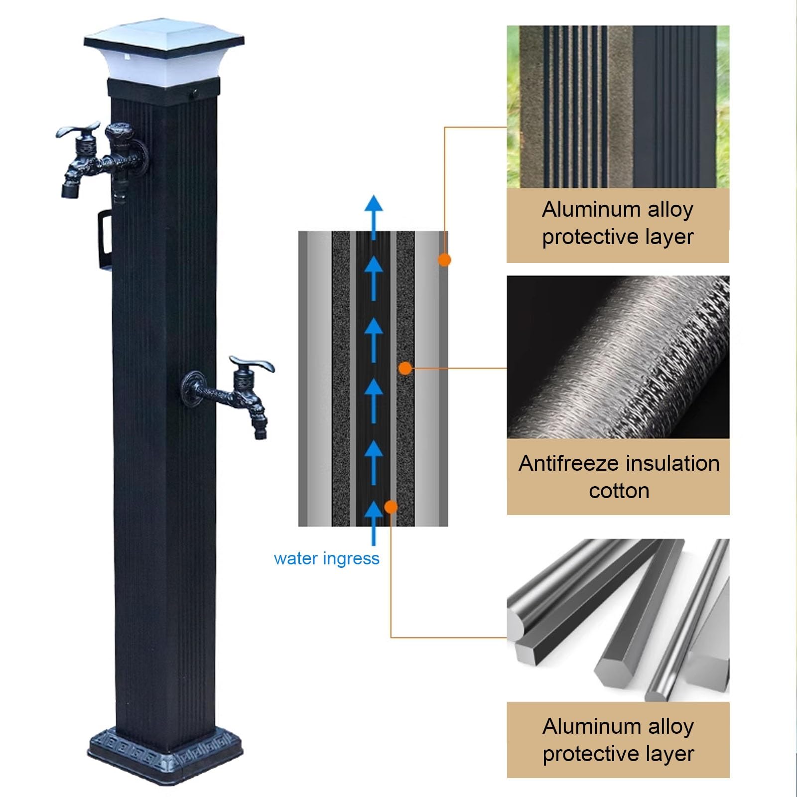 Con Iluminación Solar, Columna de Agua Vertical para Jardín, Grifo Exterior Independiente, Boca de Incendios a Prueba de Heladas con Soporte para Manguera, Adecuado para Jardinería, Escuela(105cm/41.3