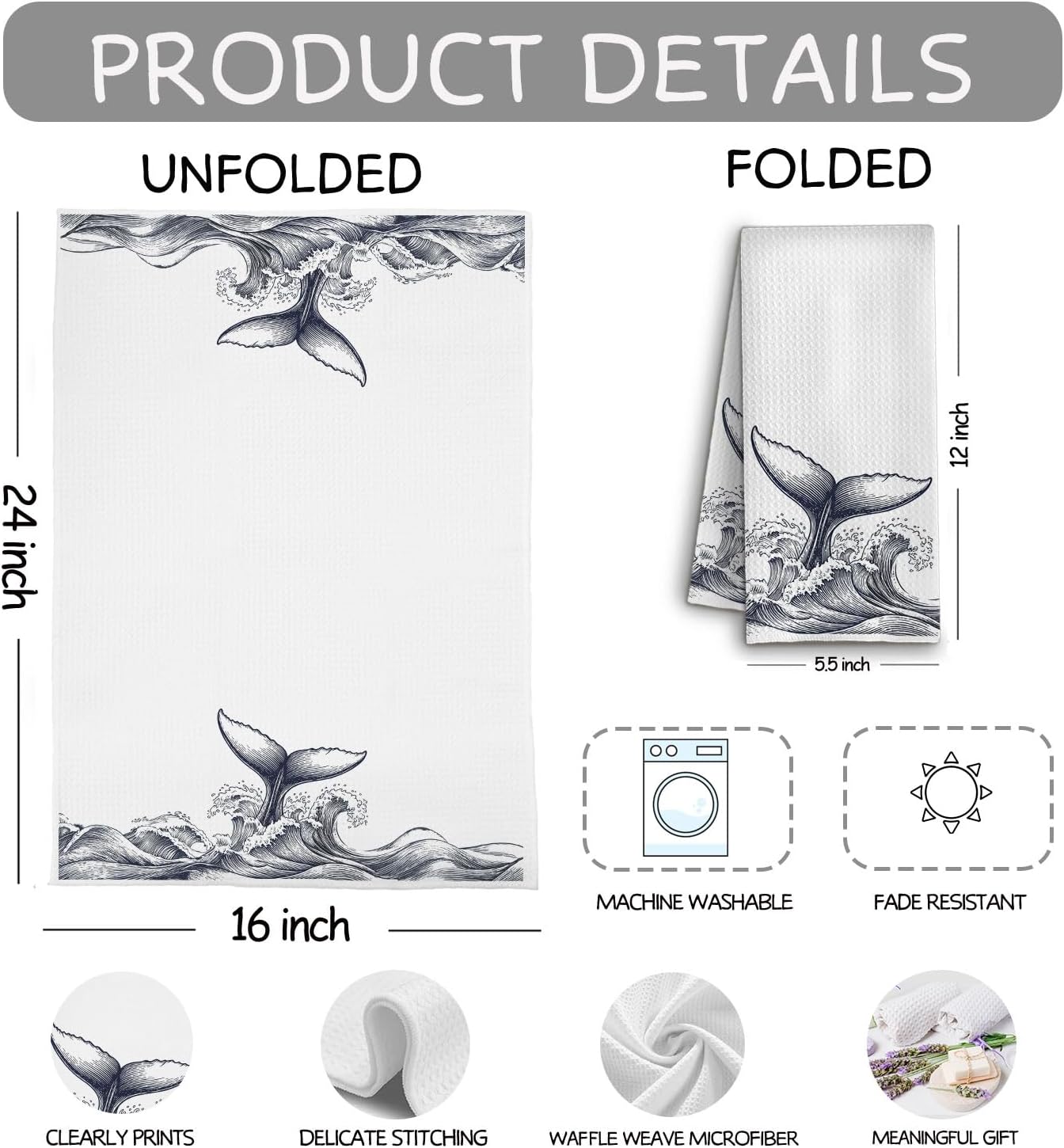 Coastal Beach Whale Tail Kitchen Towels, Nautical Ocean Wave Dish Tea Towels, Retro Sea Fish Marine Life Decorative Hand Towel for Kitchen Bathroom, 16x24 Inch