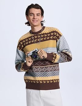 PEHMEA Men's Vintage Striped Sweater Oversized Knitted