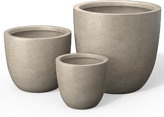 Kante Round Concrete Planter Set of 3 (10/14/18 Inch) - Weathered Finish, Drainage Holes, Durable Indoor Outdoor Pots for Patio Garden Home