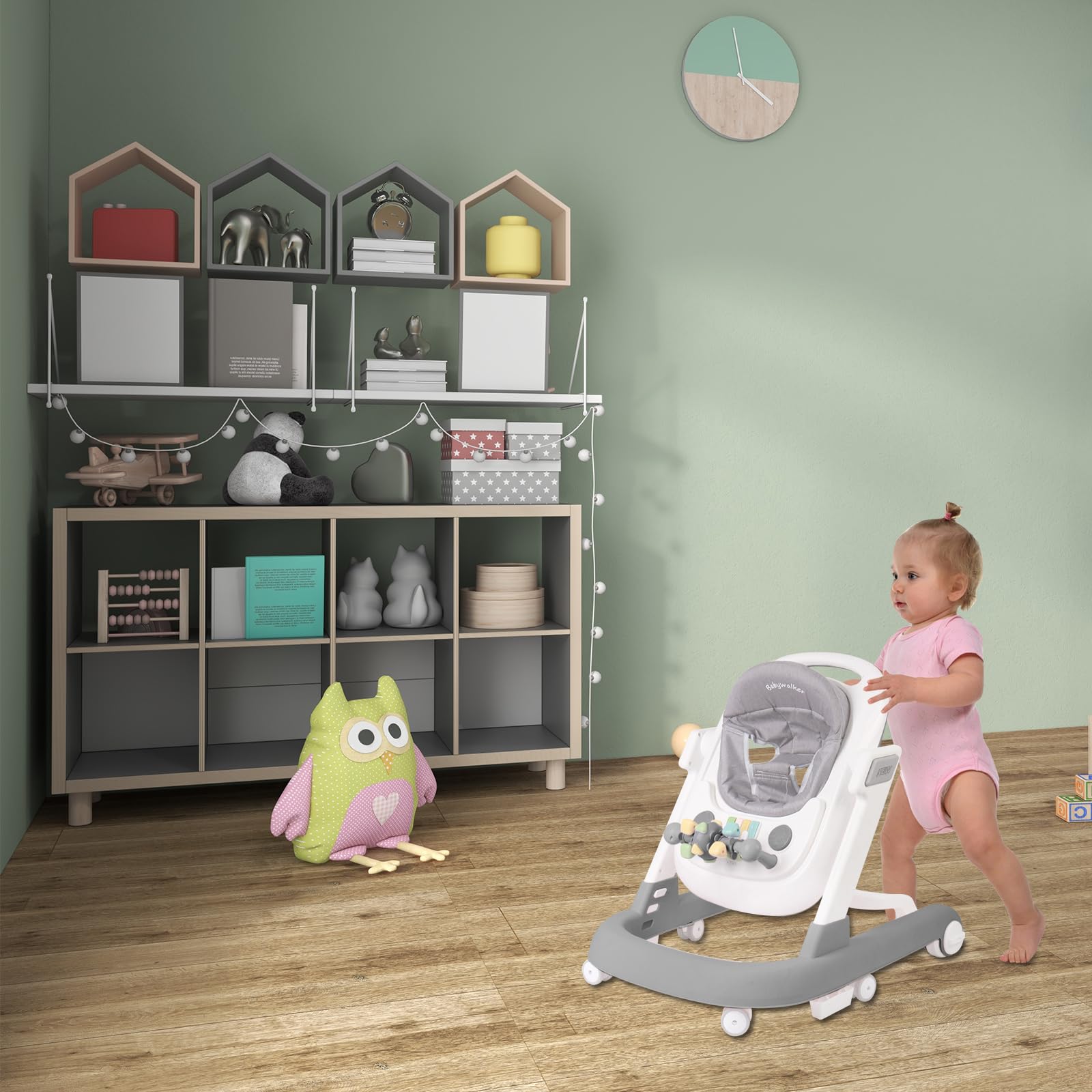 Entwicklungs-Lauflernhilfe, Lauflernwagen mit Aktivitäten, Verstellbar, Verstellbarer Aktivitätsbogen mit Spielzeug Inklusive, für Babys von 6 bis 12 Monaten, 60 * 55 * 70 cm - Grau