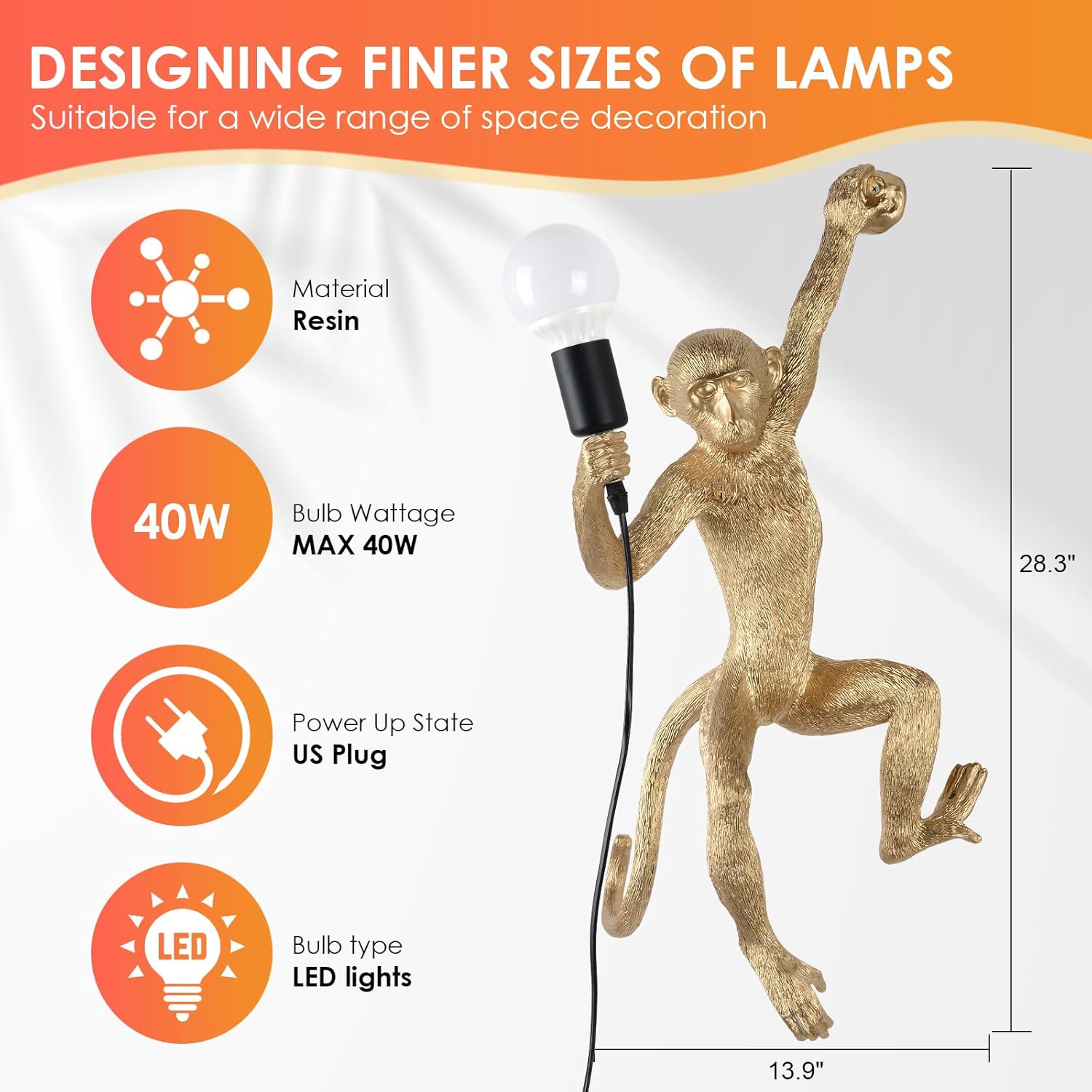 Modern Resin Monkey Wall Lamp Table Lamp Hemp Rope Pendant Light Vintage for Home Decor Dining Living Room Bedroom Entryway (Gold, Wall)
