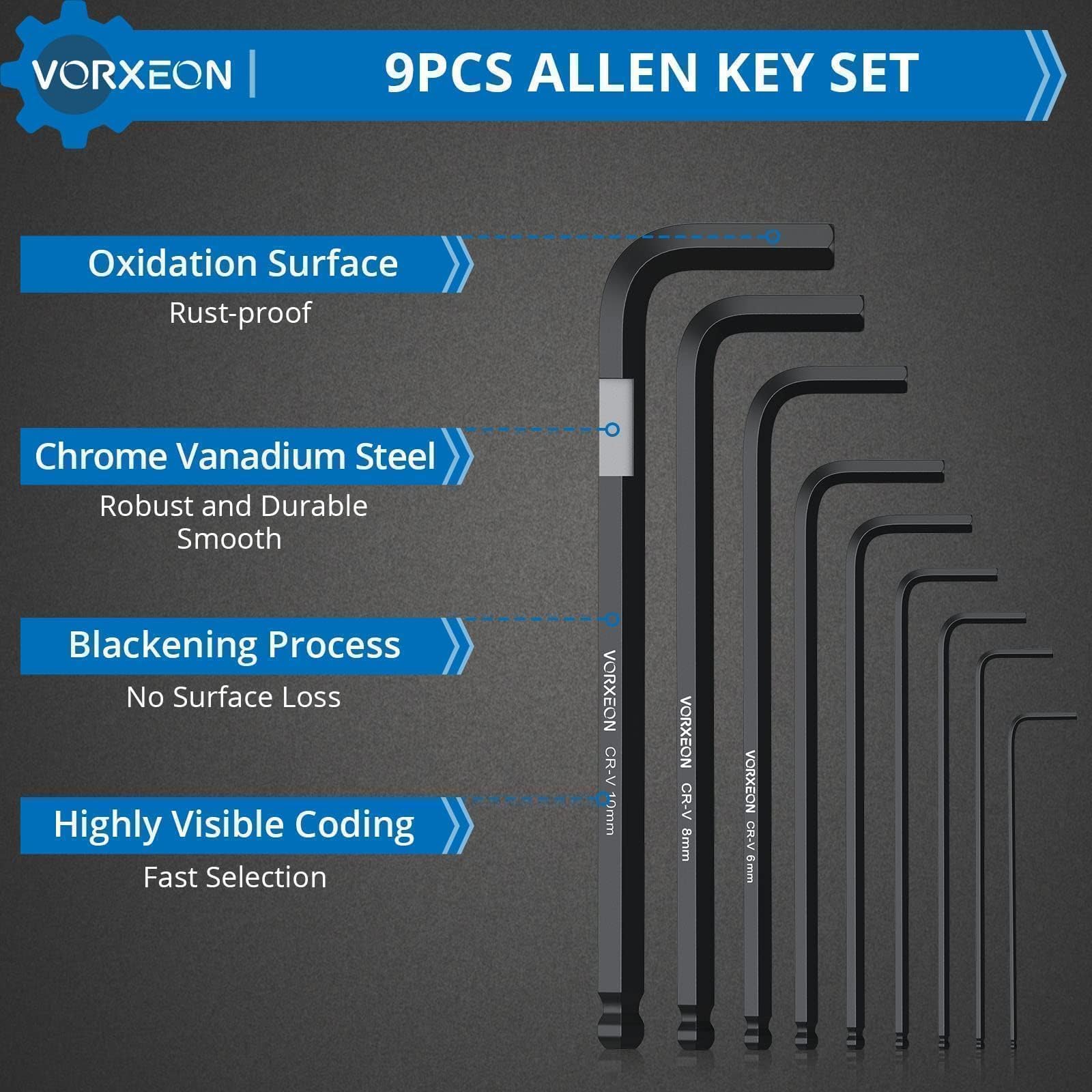 VORXEON 9 PCS Allen Wrench Hex Key 1.5 mm - 10 mm Metric Flat Ball
