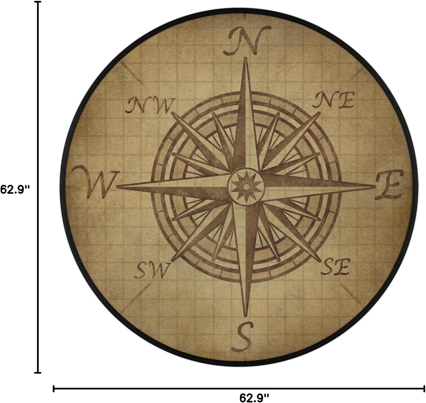 Compass Rose Retro Round Area Rug, Vintage Pattern Non-Slip Circle Rug for Bedroom Living Room Outdoor Study Playing Floor Mat Carpet, 5.2' Diameter