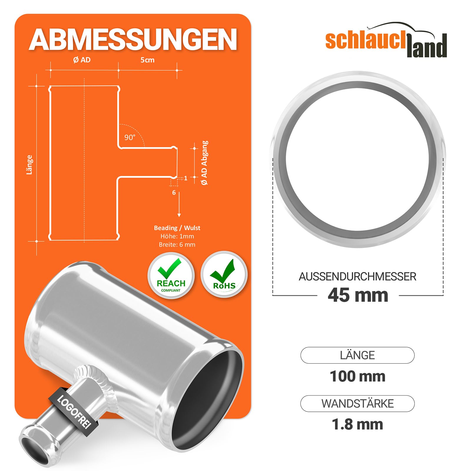 ALU-ROHR T-STÜCK AD-Ø 45mm Abgang 30mm glänzend T Verteiler poliert | AUSWAHL & GRÖSSEN - Ø 200mm | Aluminium Rohr Abzweig Splitter Schlauch-Verbindung Adapter Kupplung DIN 40501 & EN AW-6063 | 300°C