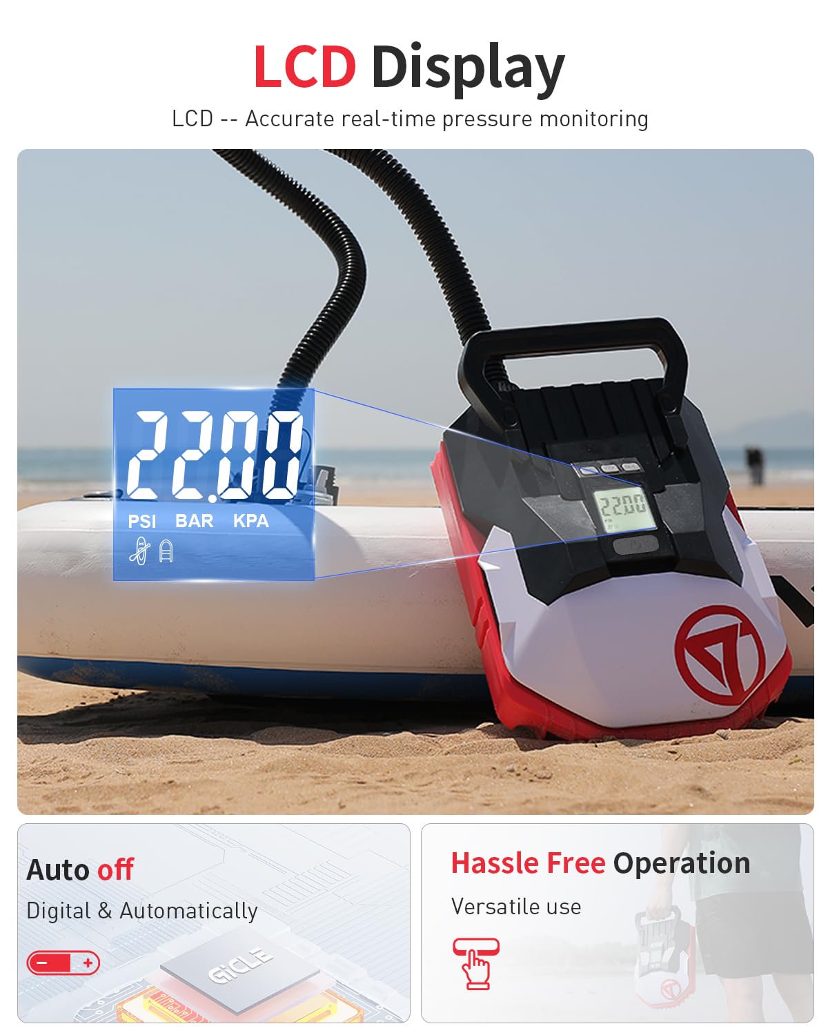 GICLE PaddleBoard Pump, pompa elettrica ad aria a doppio stadio per SUP, connessione DC 12V per auto con spegnimento automatico, per Paddle Board, Kayak, Barca