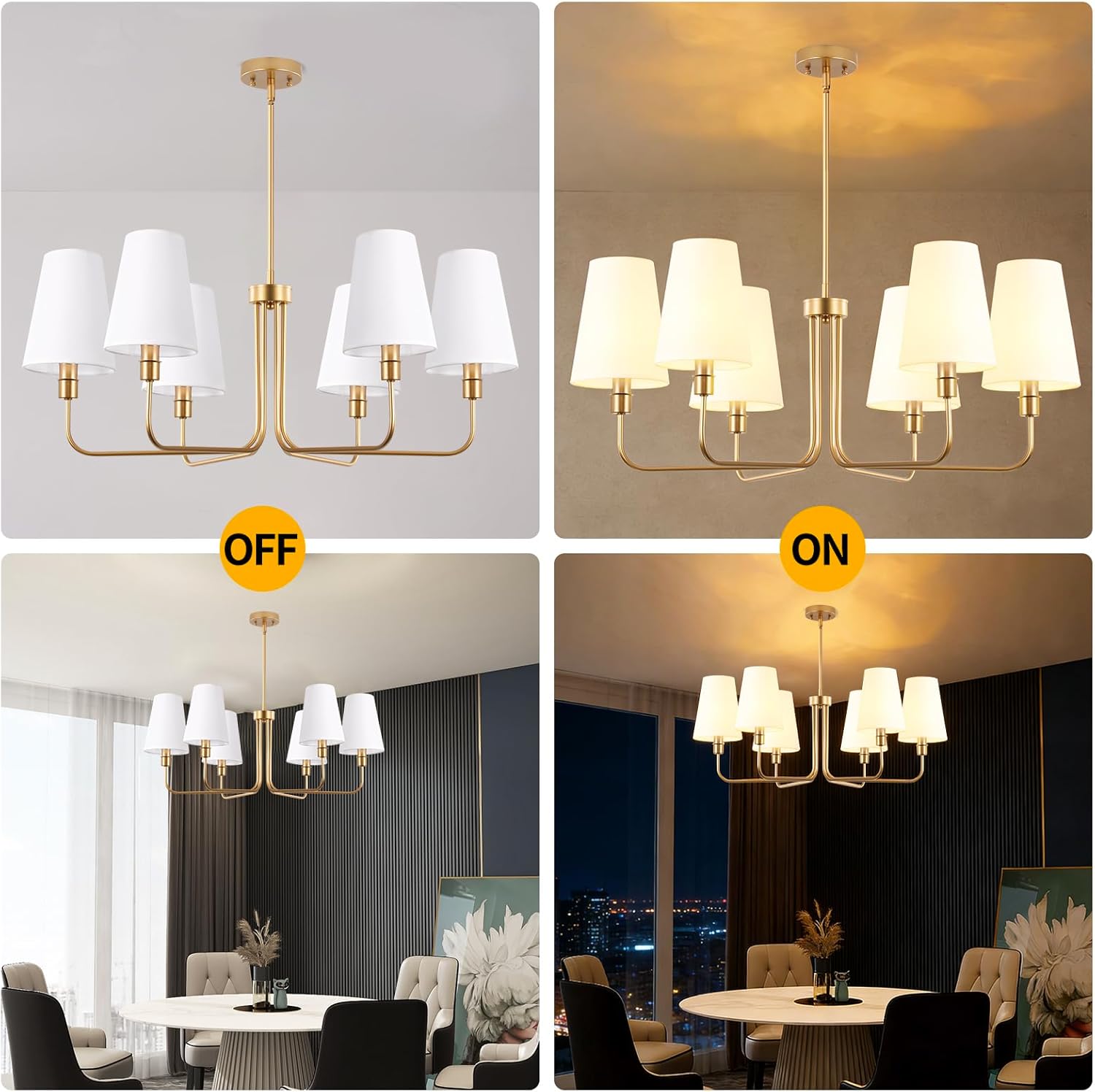 35.4in Gold Chandelier with Linen Fabric Shade 6-Light Modern Farmhouse Chandeliers for Dining Room Classic Island Lighting Adjustable Height Pendant Light for Dining Table Bedroom, E12