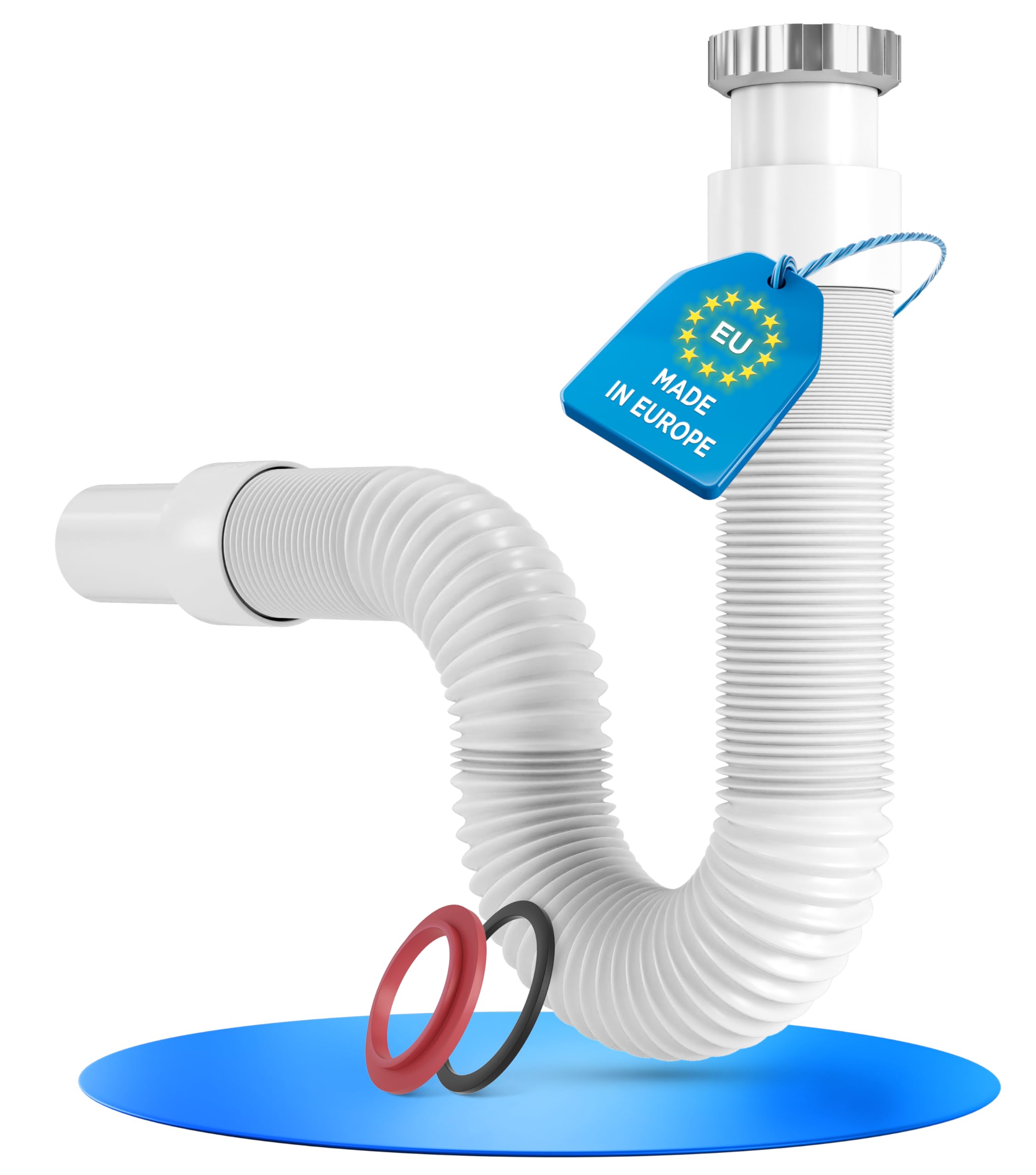 LOBENSWERK Siphon Waschbecken mit hochwertiger Aluminium Mutter - G 1 1/4” x 32mm ausziehbar 320-890mm - Flexibler Ablaufschlauch für das Badezimmer - 100% Wasserdicht