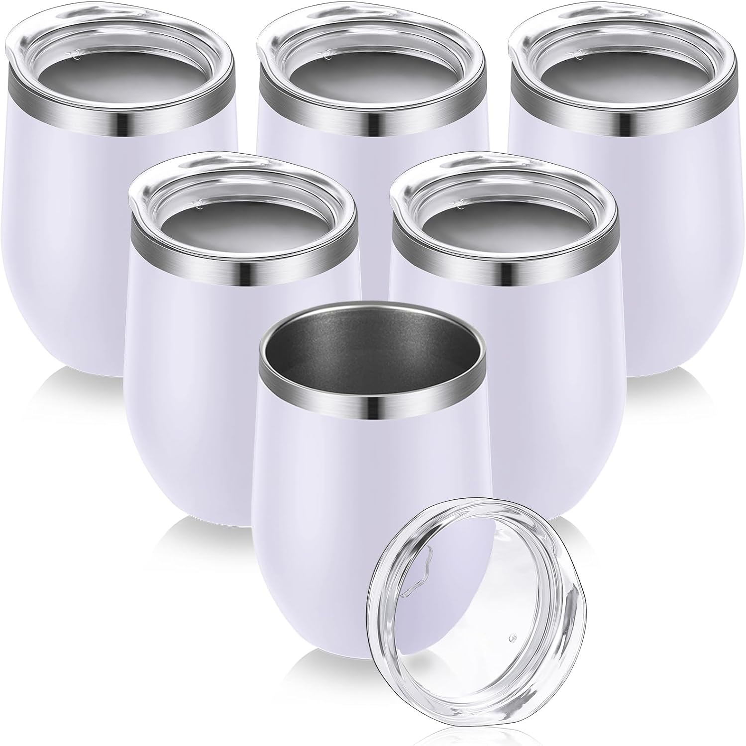6 Pack Stainless Steel Wine Tumblers 12 oz Insulated Vacuum Wine Cup Set Double Wall Stainless Steel Stemless Mug Glasses for Coffee Soda Whiskey Outdoor Travel (White)