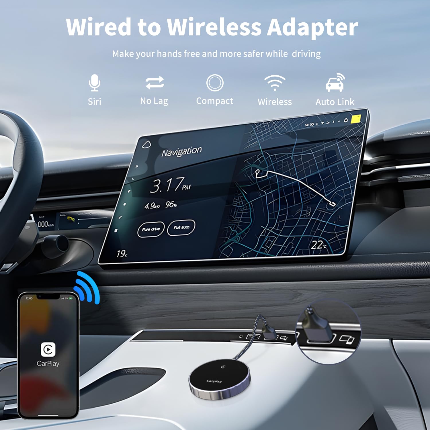 SANYEE Carplay - Adattatore wireless per iPhone, Plug & Play, conversione CarPlay cablato a wireless, supporto per iPhone da iOS 10 o alto e con Volkswagen/Benz/Audi/Opel/Skoda, ecc