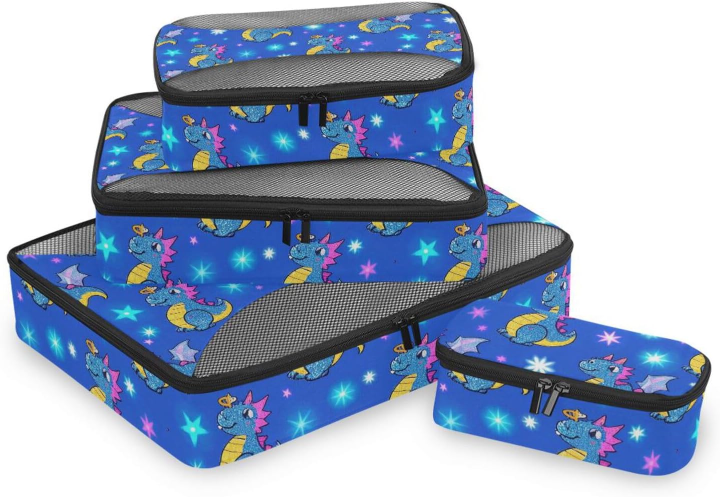 Fake Glitter Cartoon Dragon Blue 4 Pcs set travel luggage organizer Mesh Travel Essentials expandable packing cubes compression