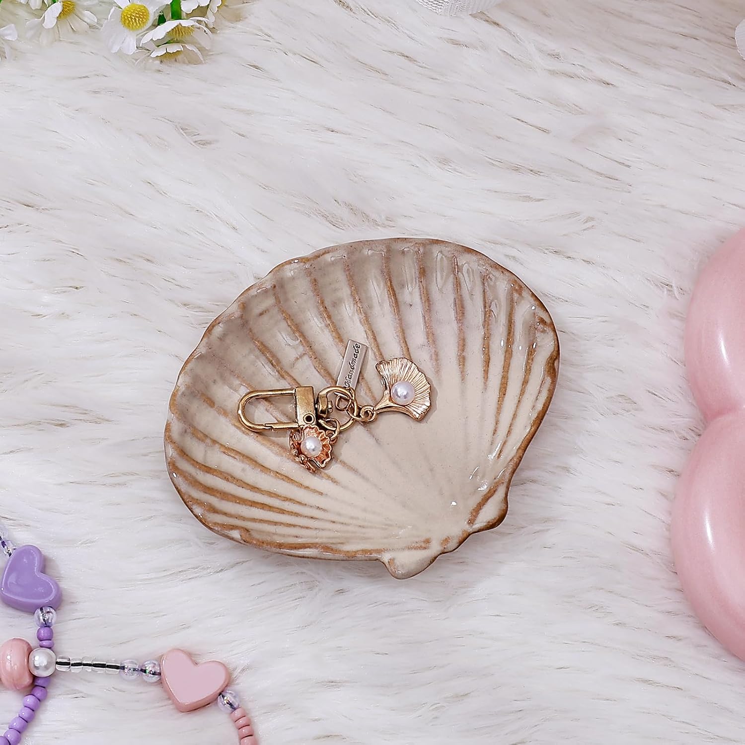 Ceramic Jewelry Dish | Coquette Shell Ring Holder & Trinket Tray, Aesthetic Vanity & Bedroom Decor, Cute Engagement & Birthday Gift Idea (White)